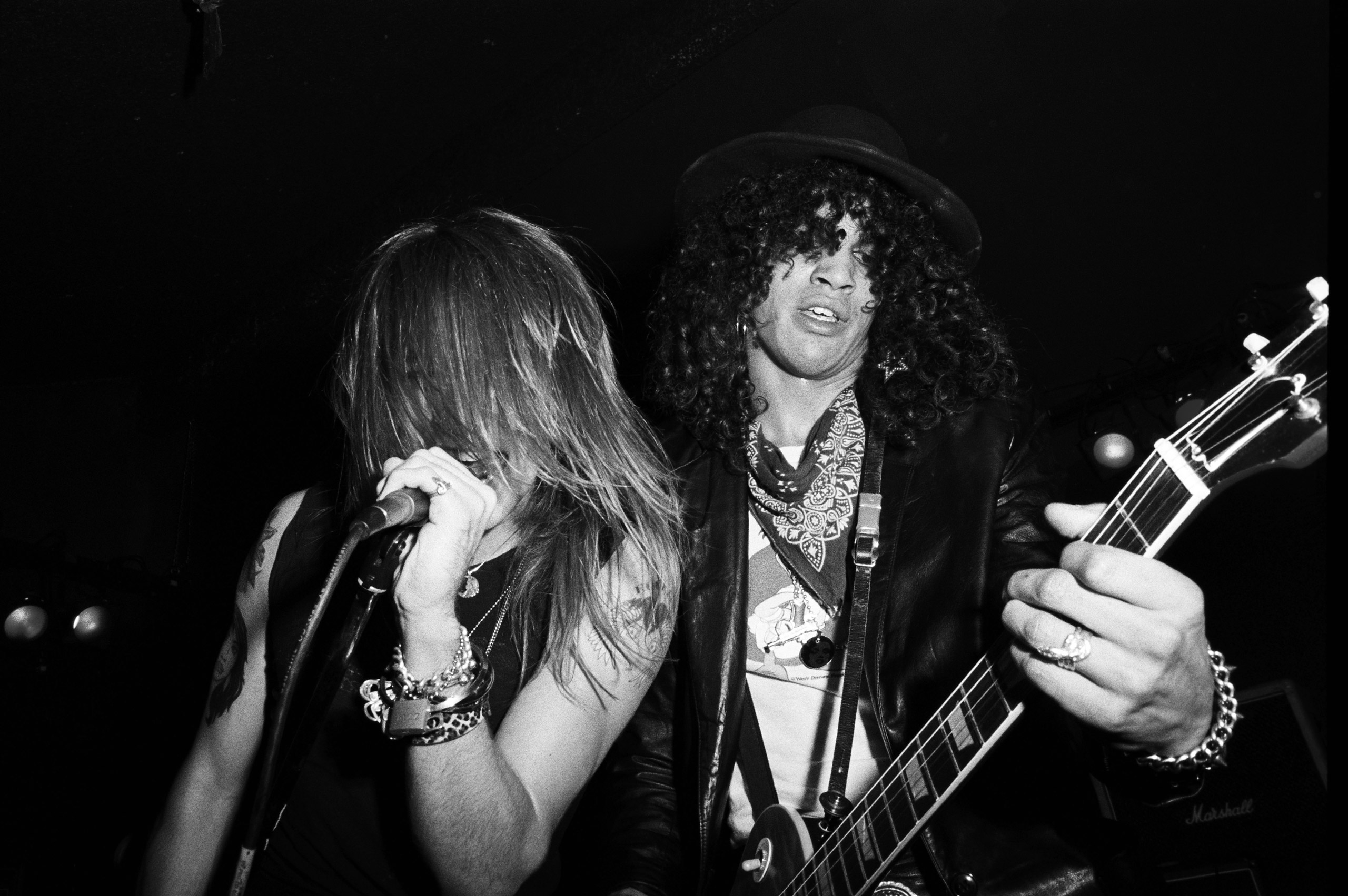 Axl Rose and Slash of the Guns n' Roses perform at Radio City on Oct. 31, 1985  in Anaheim, Calif.