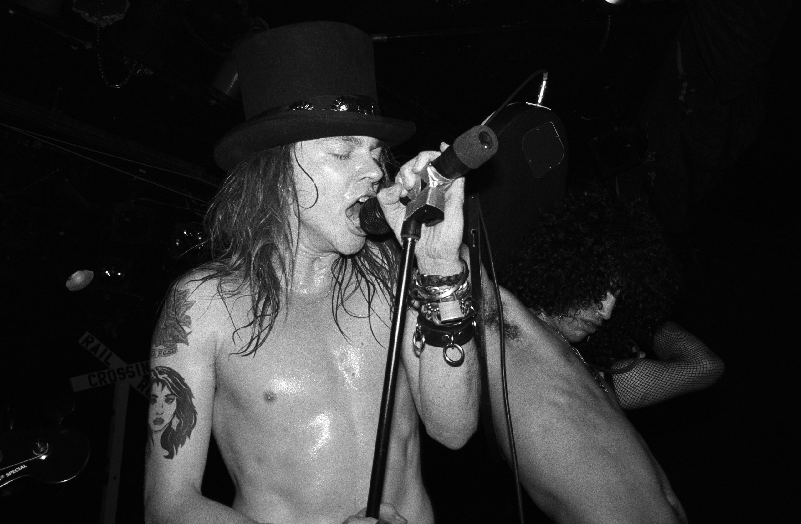 Axl Rose and Slash of Guns n' Roses perform  at the Roxy Theatre on Mar. 25, 1986 in Los Angeles