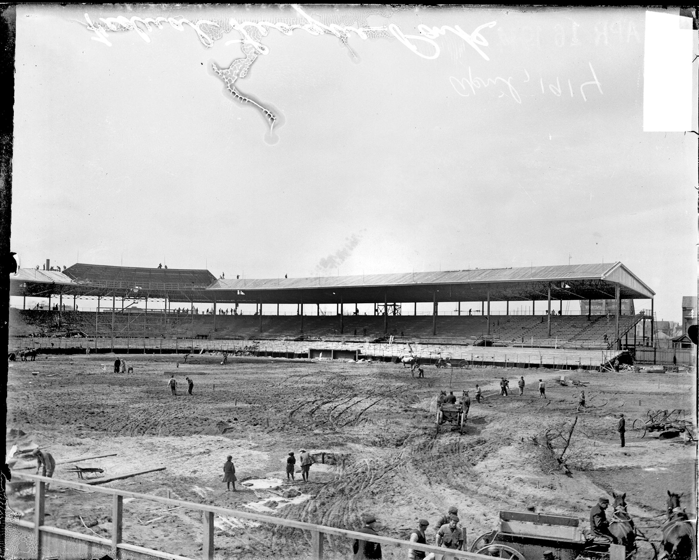 Construction taking place at Federal League ballpark Weeghman Park, Chicago, Illinois, 1914. From the Chicago Daily News collection.