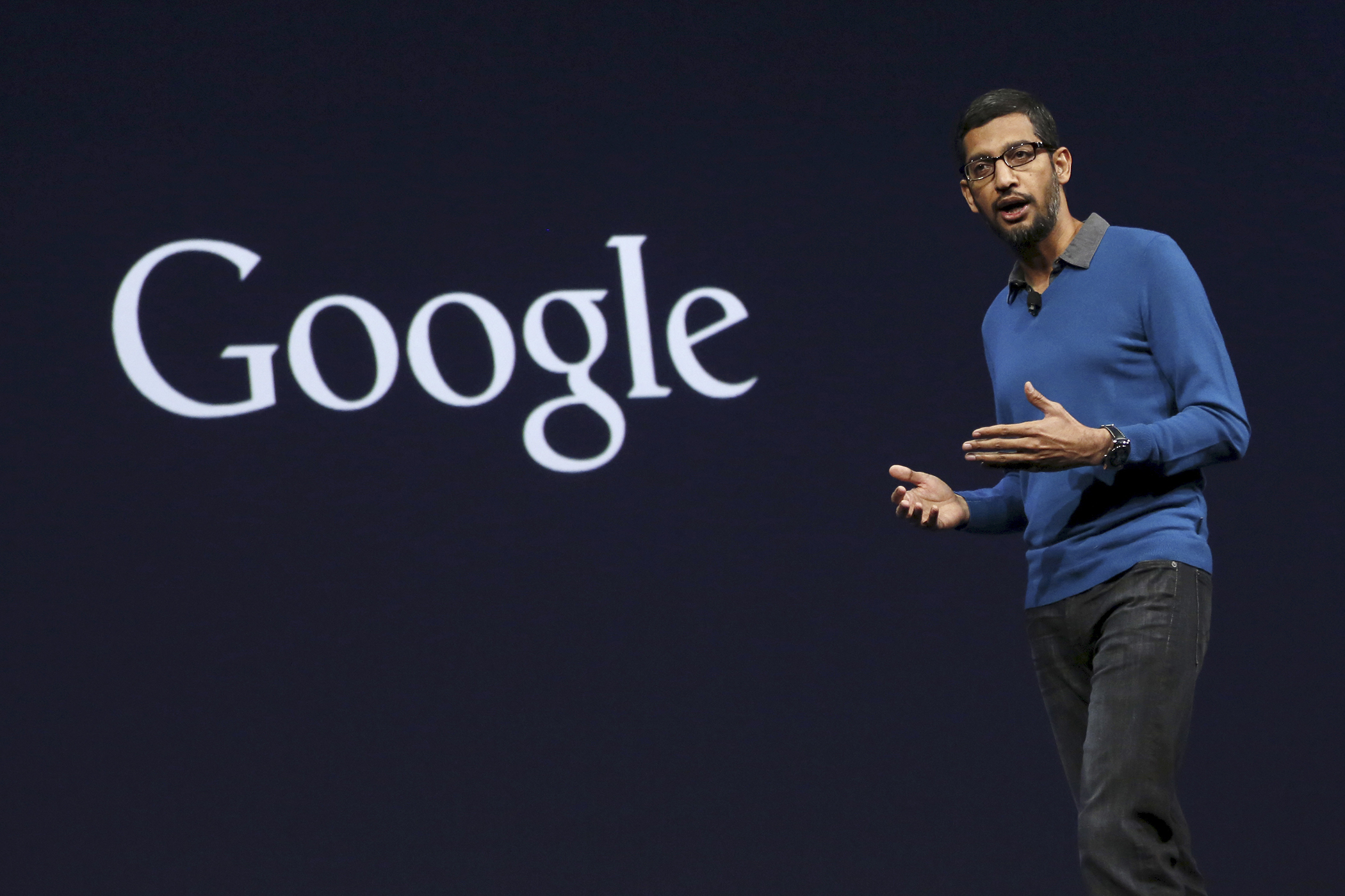 Sundar Pichai, Senior Vice President for Products, delivers his keynote address during the Google I/O developers conference in San Francisco, California May 28, 2015.