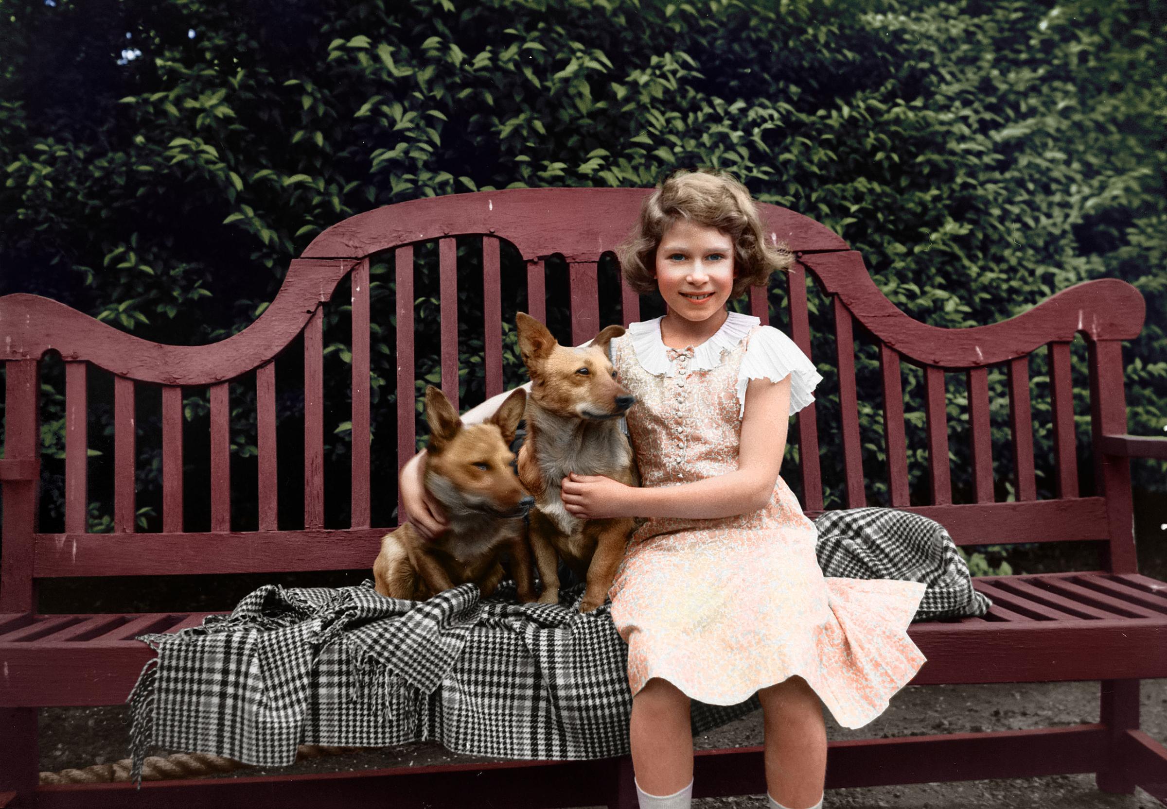 Princess Elizabeth sitting on a garden seat with two corgi dogs at her home on 145 Piccadilly, London. July 1936.