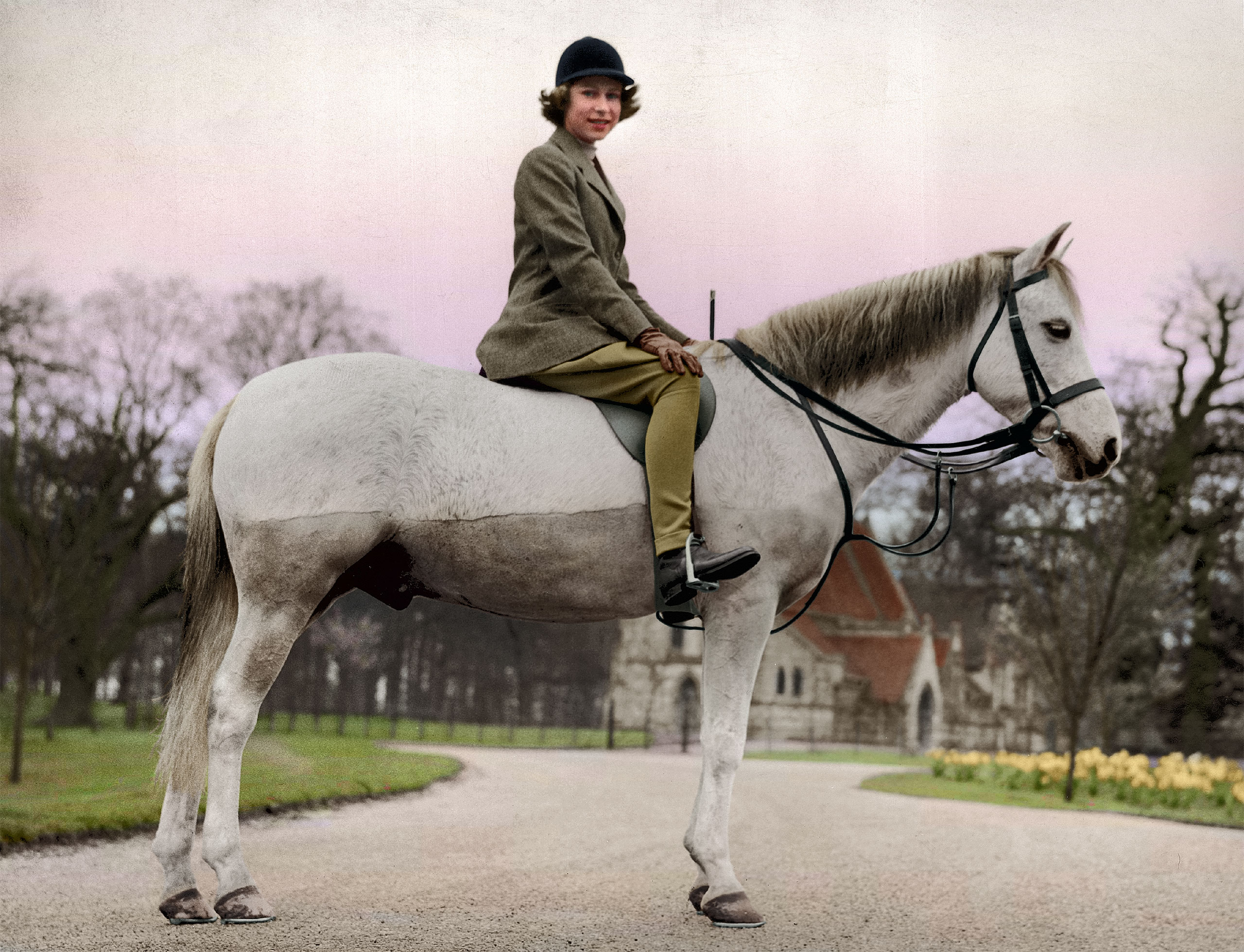Princess Elizabeth out riding at the Royal Lodge, Windsor. April 1940.