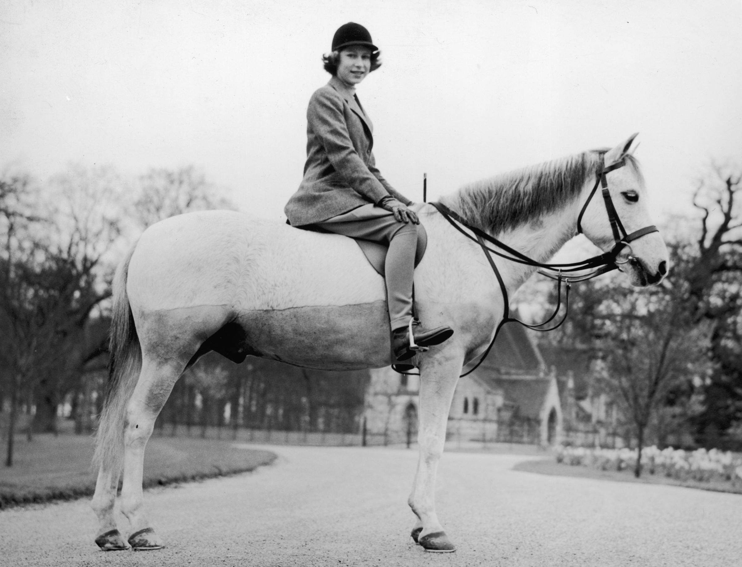 Princess Elizabeth out riding at the Royal Lodge, Windsor. April 1940.
