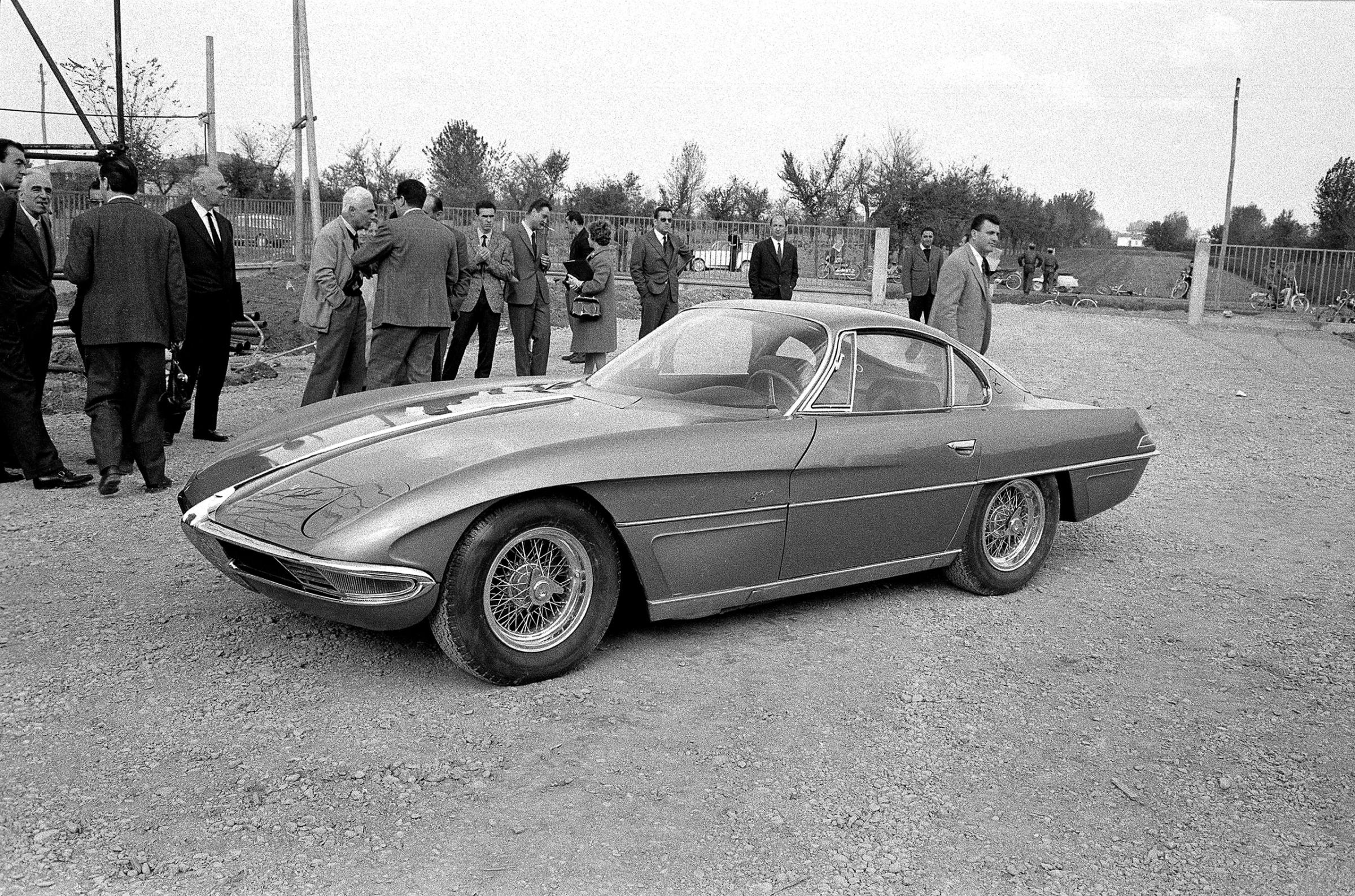 The launch of the new Lamborghini 350GTV with body by Franco Scaglione at the Lamborghini Factory, Sant'Agata, October 1963.