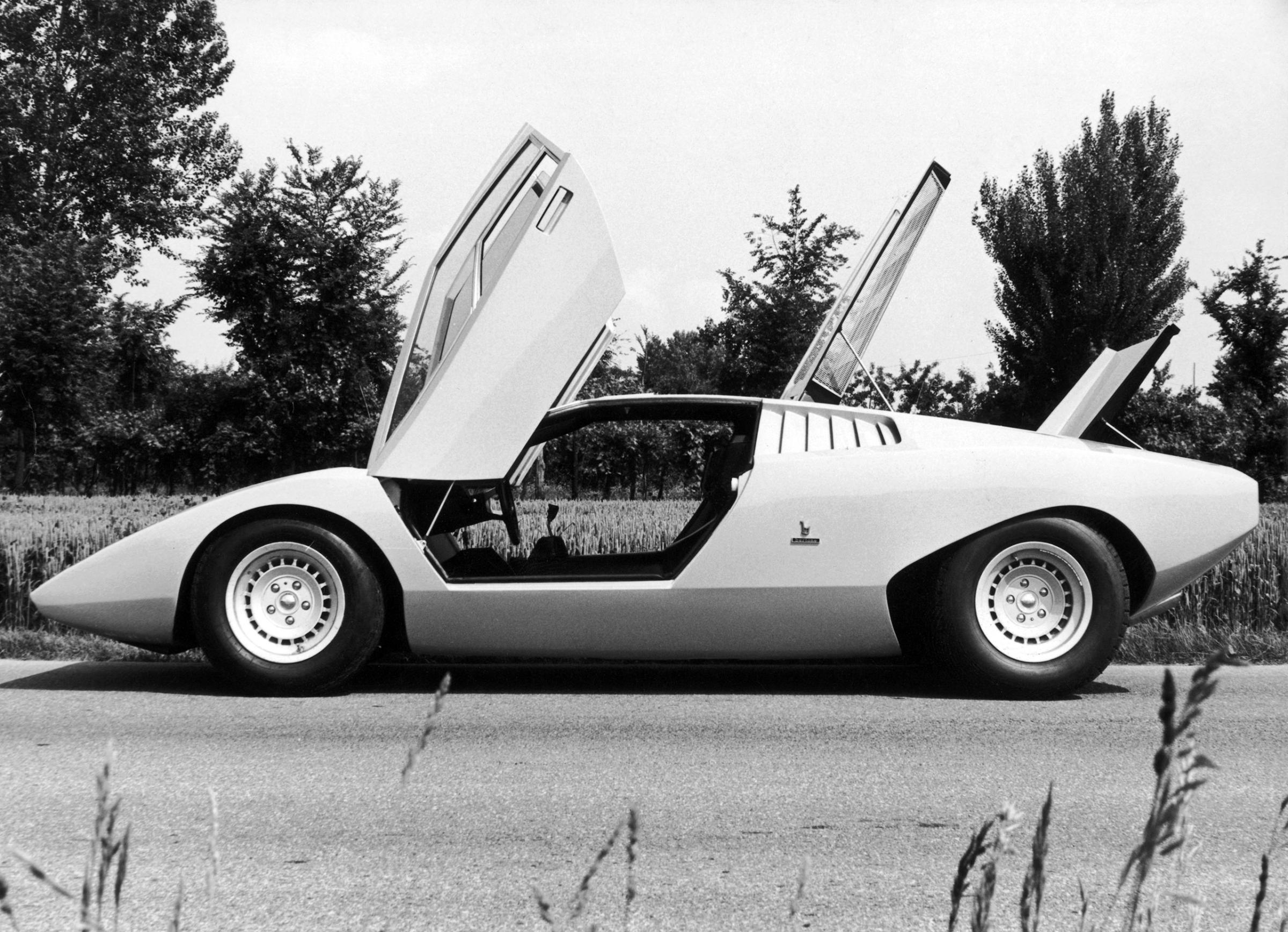 The Lamborghini LP500, first prototype of the Countach sports car, designed by by Marcello Gandini of the Bertone design studio, circa 1972.