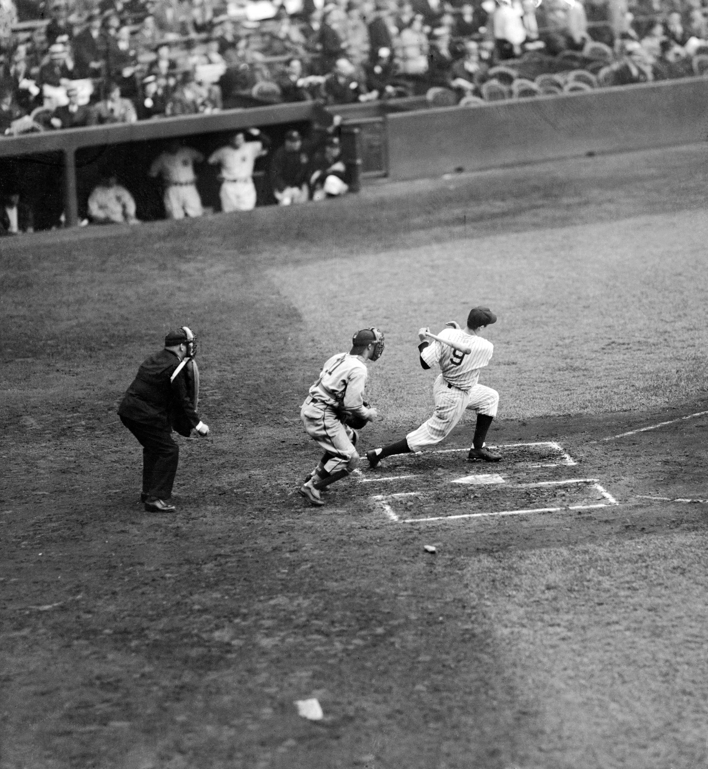 Joe DiMaggio, former West Coast star, purchased by the Yankees for $75,000 and kept out of the lineup by his "hot-foot," saw action in a big league ball game for the first time today, when he faced the St. Louis Browns. Joe is shown here as he hit safely in the second inning of the game. May 3, 1936.