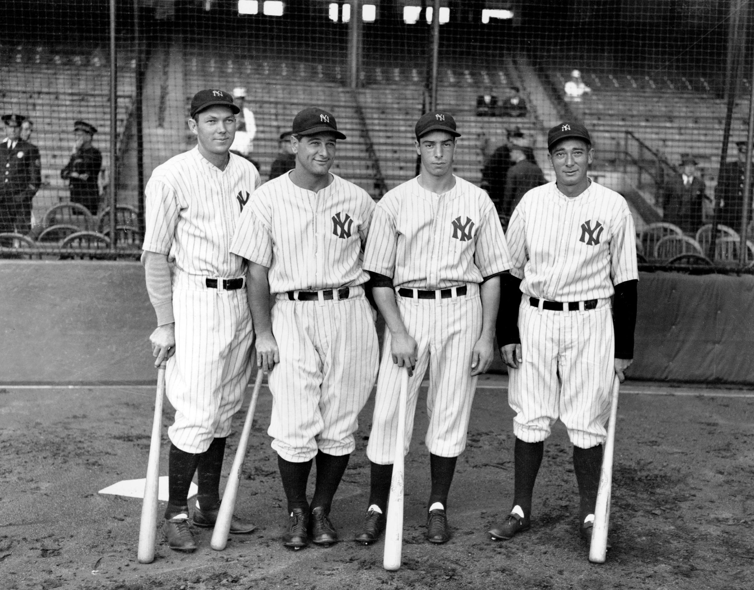 Four New York Yankees sluggers pose together at Yankee Stadium Sept. 20, 1936. From left: Bill Dickey, Lou Gehrig, Joe DiMaggio and Tony Lazzeri. The Yankees went on to win the World Series over the New York Giants in six games.