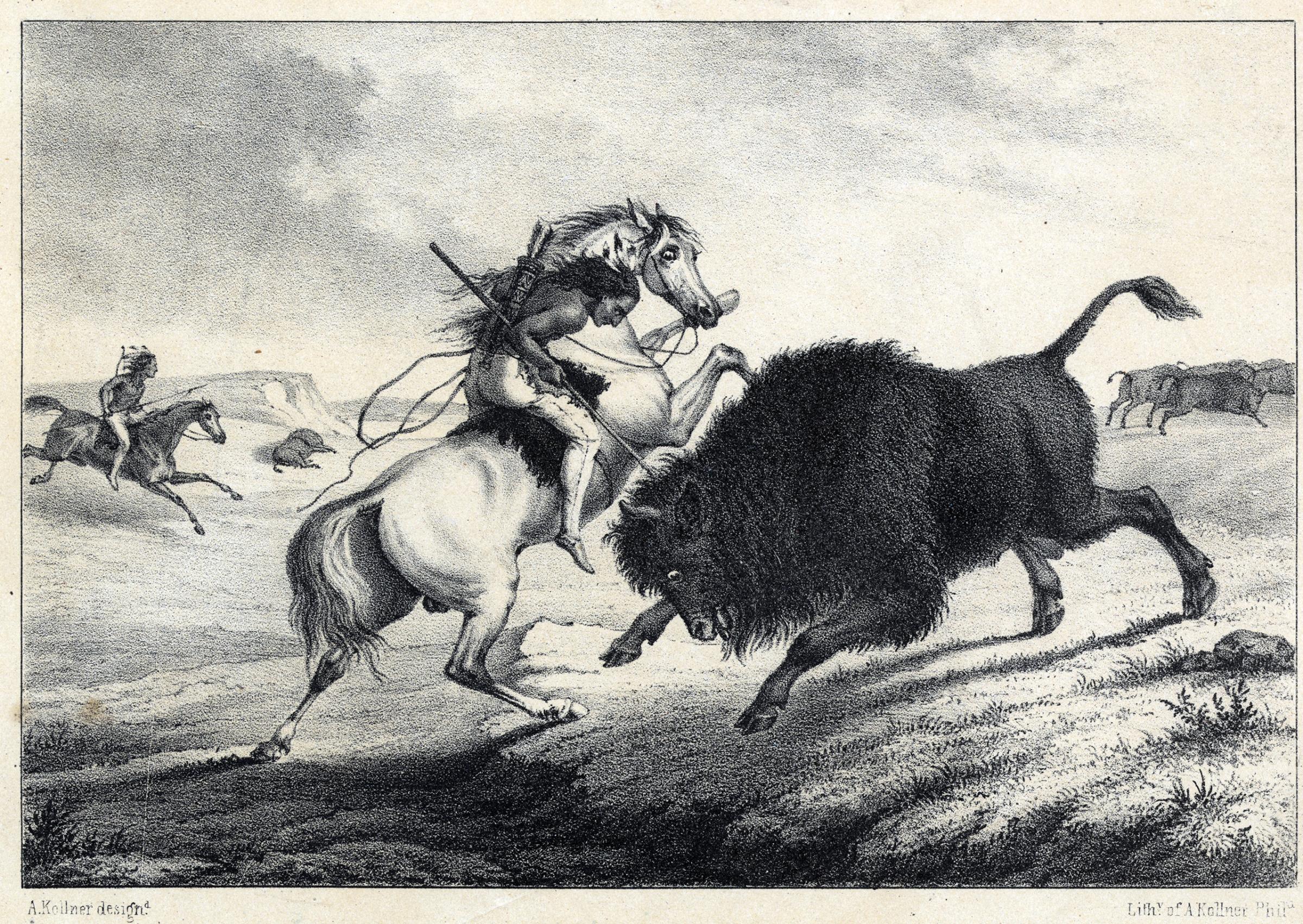 Lithograph of an American Indian on horseback killing a bison. Circa 1850-1860.