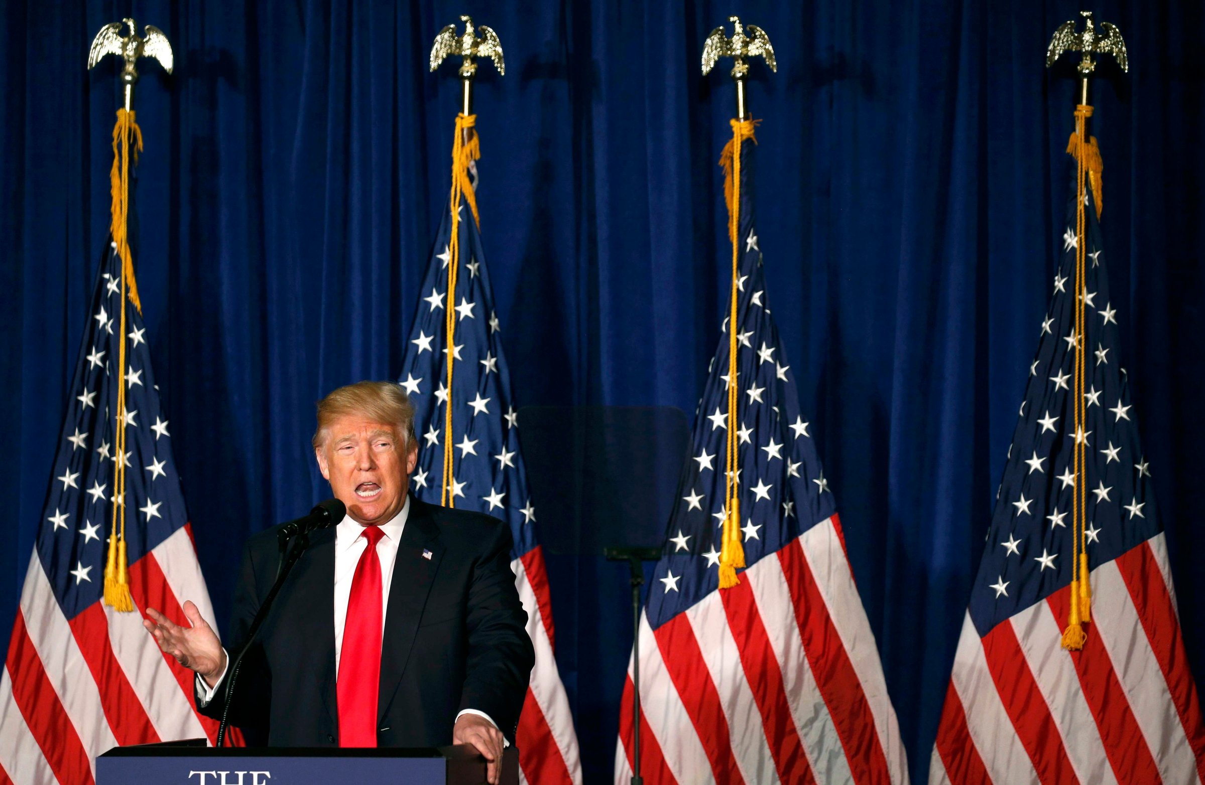 Republican U.S. presidential candidate Donald Trump delivers foreign policy speech at the Mayflower Hotel in Washington