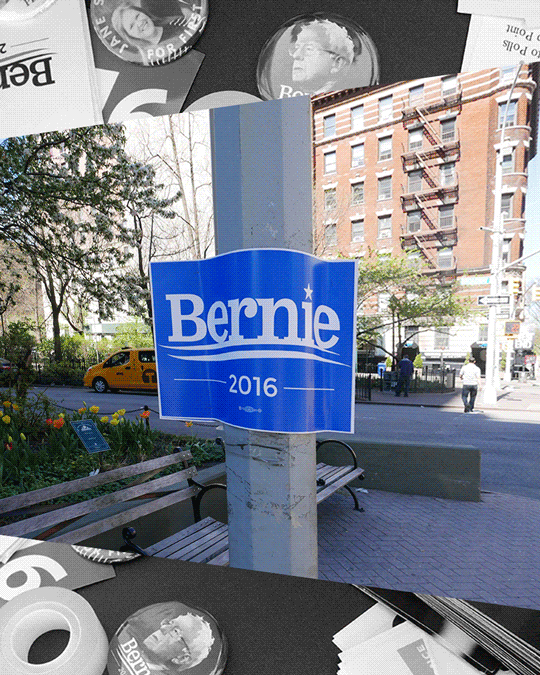 Various Bernie Sanders signs down Broadway from Harlem to Upper West Side, N.Y.