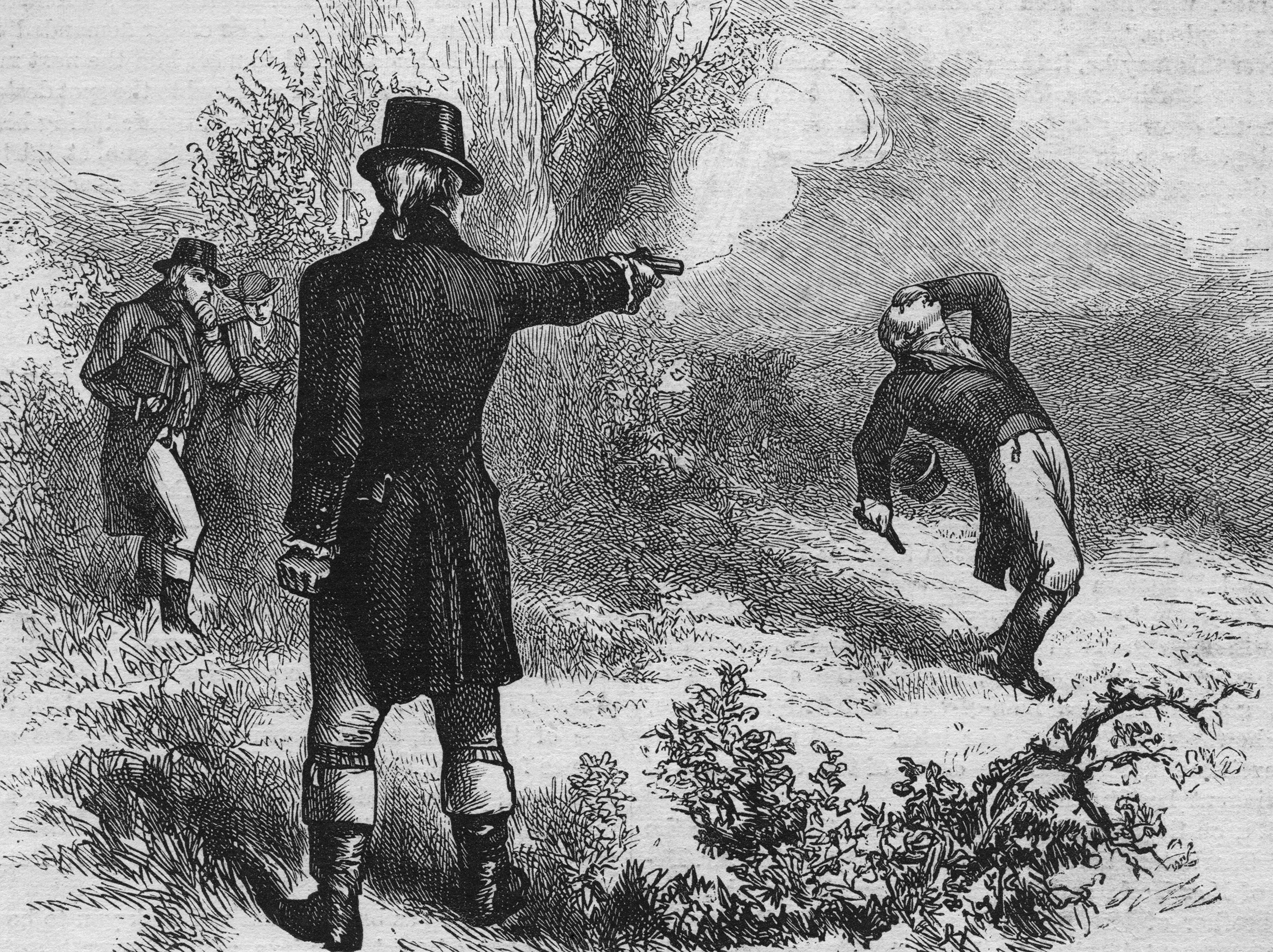 An engraved illustration of The Burr/Hamilton duel on July 11, 1804. (Kean Collection/Getty Images)