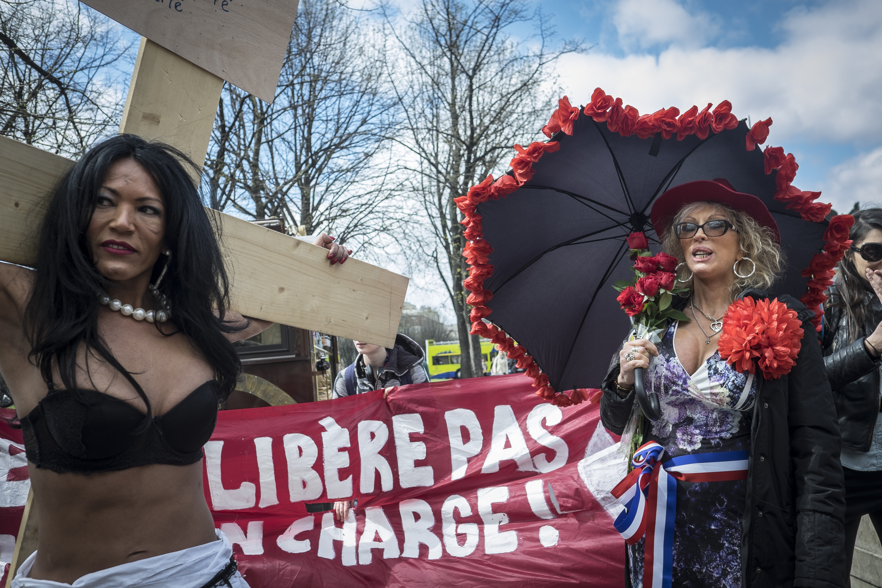 Sex workers and supporters protest near the French National Assembly in Paris on April 6, 2016, as French lawmakers take part in a final debate on a bill that would make it illegal to pay for sex (Olivier Donnars—AP)