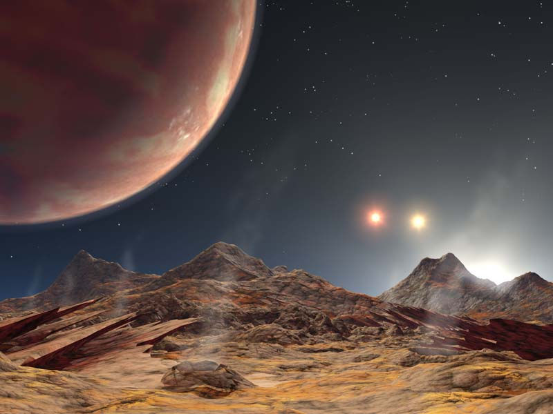 An artist's concept of another known planet to reside in a triple-star system, HD 1885 Ab.