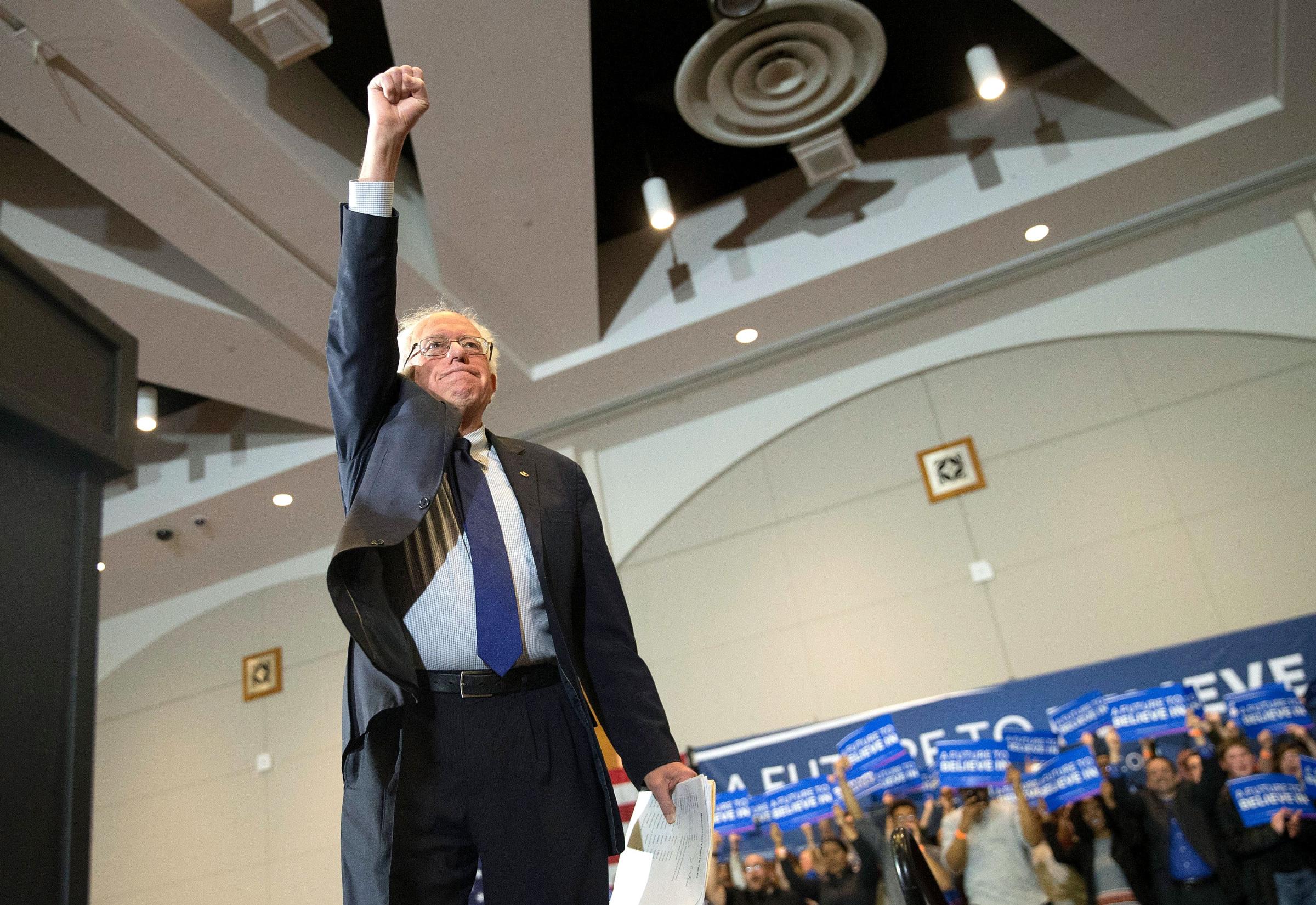 Democratic presidential candidate, Sen. Bernie Sanders (D-VT) arrives at a campaign rally at the Wisconsin Convention Center on April 4, 2016 in Milwaukee, Wis.