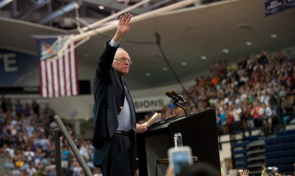 Democratic presidential candidate Bernie Sanders speaks at a rally at the Rec Hall at Penn State University on April 19, 2016 in University Park, Pennsylvania.