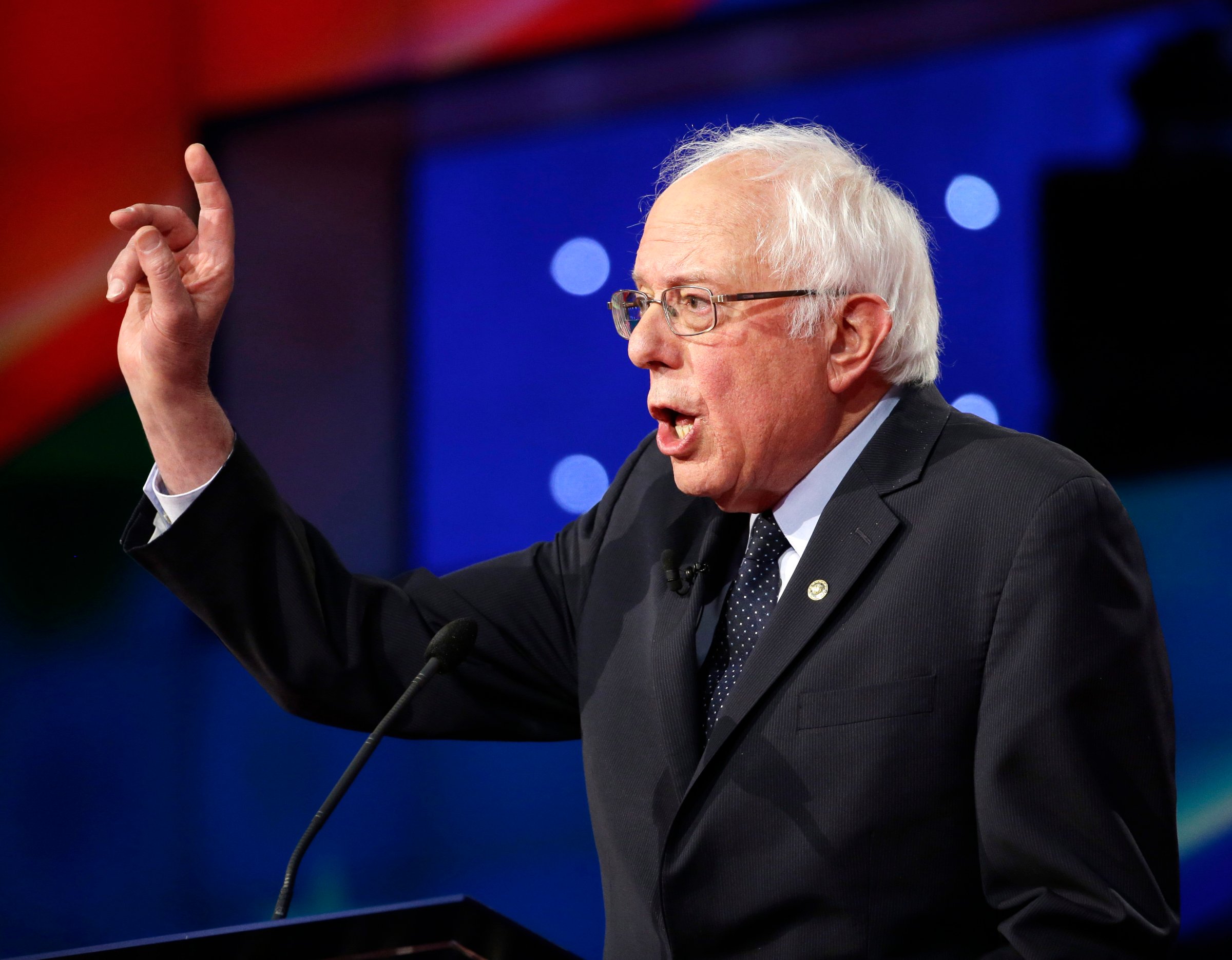 Bernie Sanders speaks during the Democratic Presidential Primary Debate with Hillary Clinton at the Brooklyn Navy Yard on April 14, 2016 in Brooklyn, N.Y.