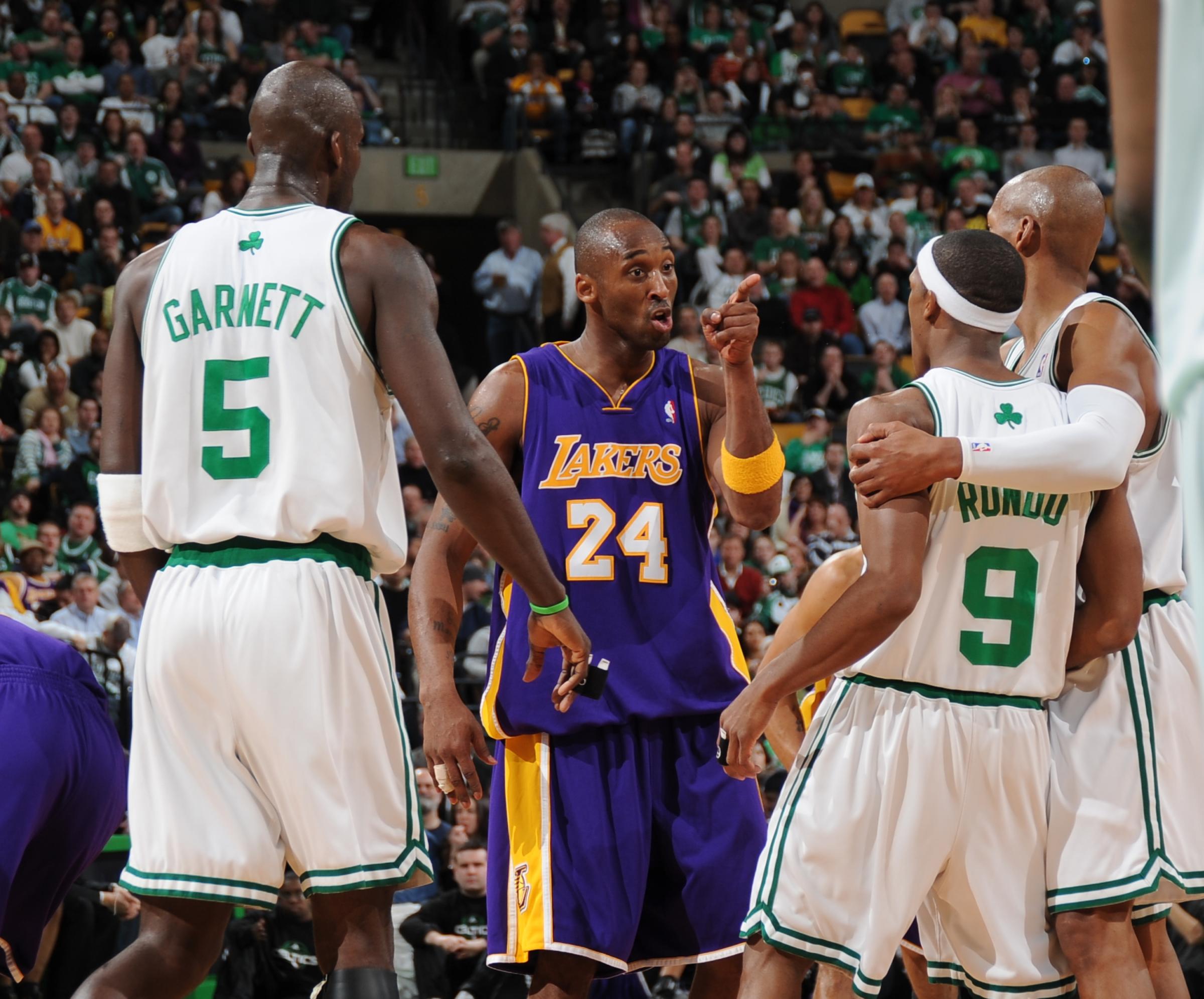 Los Angeles Lakers' Kobe Bryant (24) argues with Boston Celtics' Rajon Rondo (9) during an NBA basketball game on Feb. 5, 2009 at the TD Banknorth Garden in Boston.