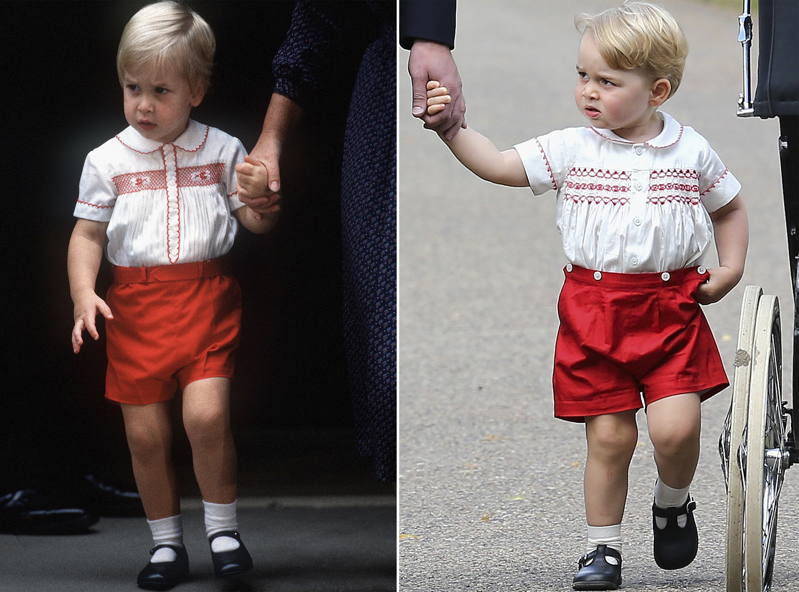 Left: Prince William leaves St. Mary's Hospital after visiting his newborn brother, Prince Harry, in London, Sept. 16, 1984. Right: Prince Goerge arrives with his mother, Catherine, Duchess of Cambridge, to the Church of St. Mary Magdalene on the Sandringham Estate for the christening of his sister, Princess Charlotte, in King's Lynn, England, July 5, 2015.