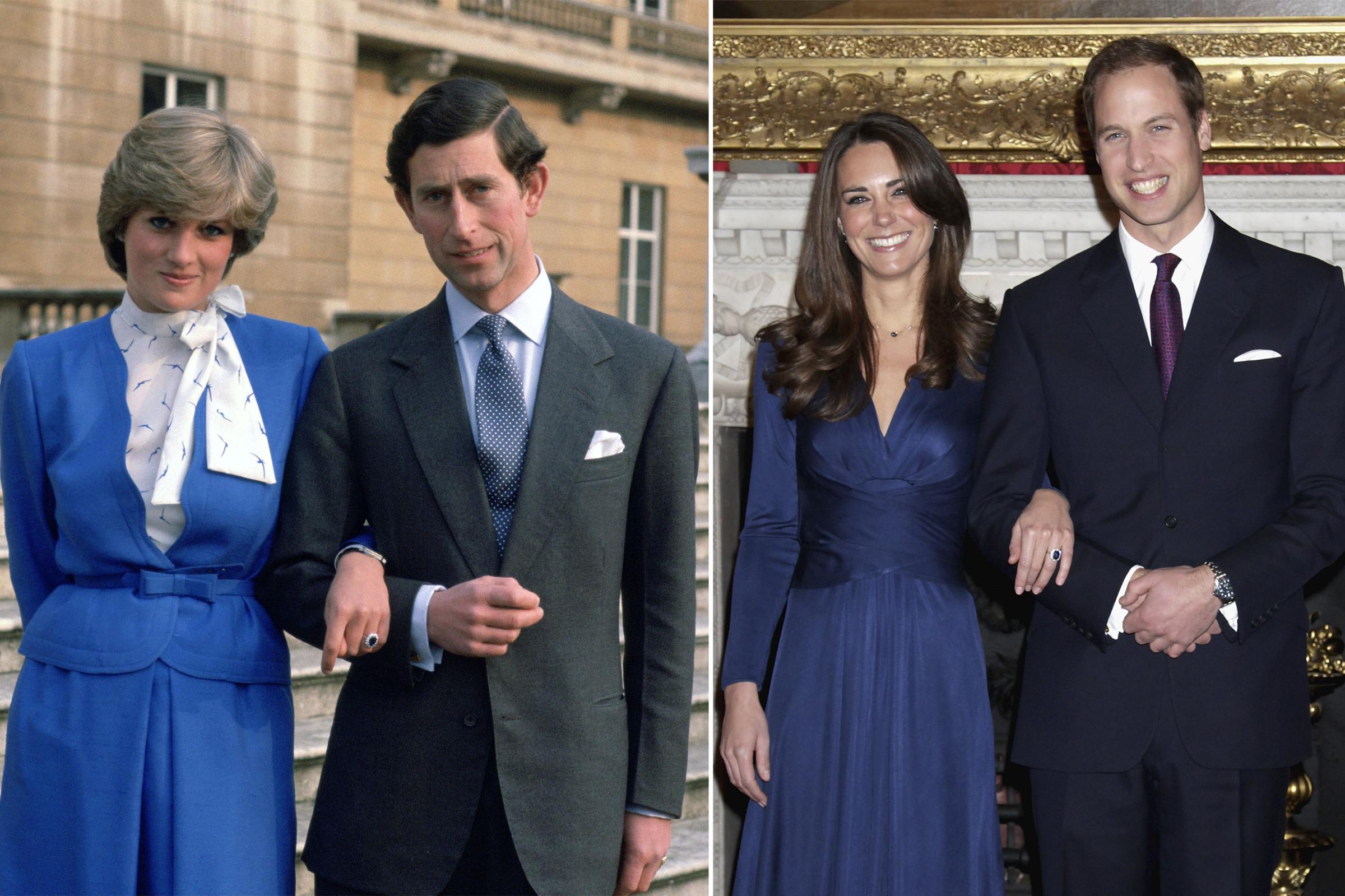 Left: Prince Charles arm-in-arm with fiancée Lady Diana Spencer on the steps of Buckingham Palace in London, Feb. 24, 1981. Right: Prince William and Kate Middleton pose after the announcement of their engagement in the State Apartments of St. James Palace, London, Nov. 16, 2010.