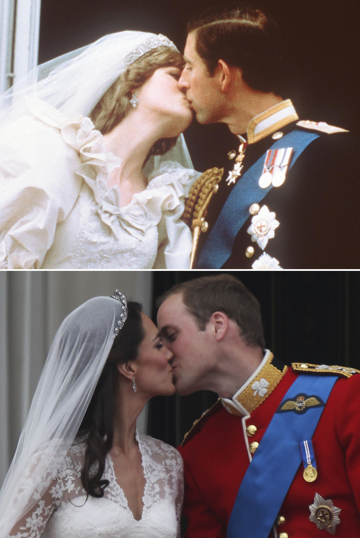 Top: Prince Charles and Princess Diana kiss on the balcony of Buckingham Palace in London, July 19, 1981. Bottom: Prince William, Duke of Cambridge, and Catherine, Duchess of Cambridge, kiss on the balcony of Buckingham Palace, April 29, 2011.