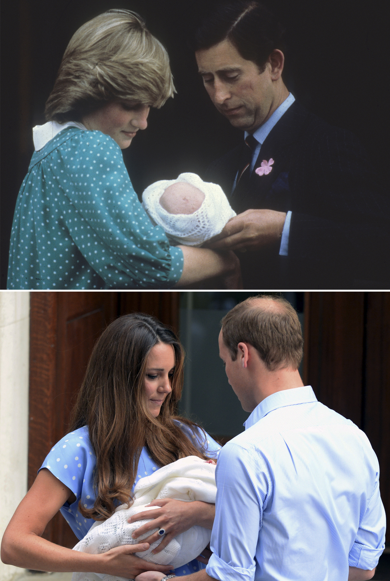 Top: Prince Charles and Princess Diana leave the Lindon Wing of St. Mary's Hospital with Prince William in London, July 22, 1982. Bottom: Catherine, Duchess of Cambridge, and Prince William leave the Lindon Wing of St. Mary's Hospital with Prince George, July 23, 2013.