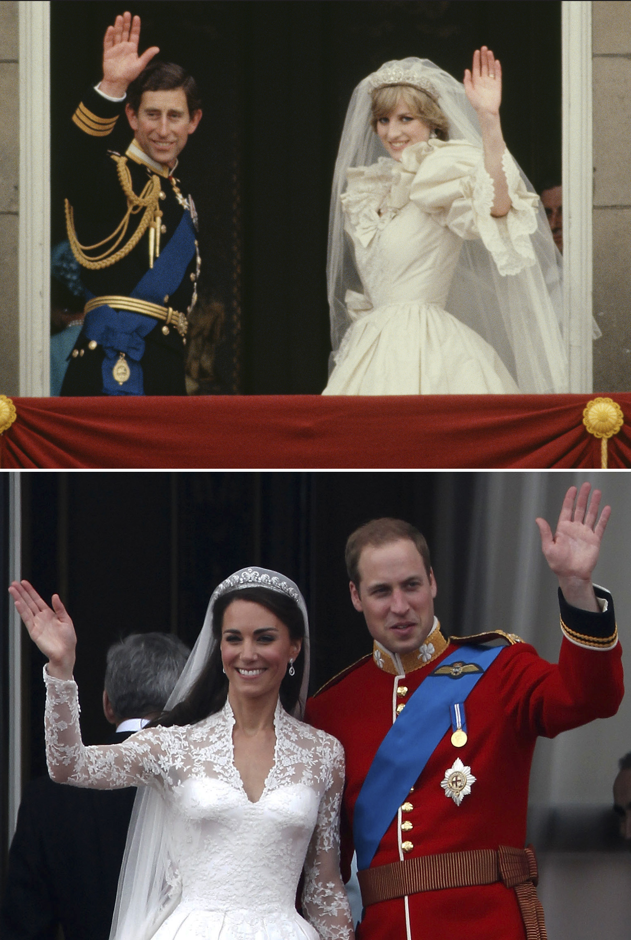 Top: Prince Charles and Princess Diana wave from the balcony of Buckingham Palace after their wedding, London, July 29, 1981. Bottom: Prince William and Catherine, Duchess of Cambridge, wave from the balcony of Buckingham Palace after their wedding, London, April 29, 2011.