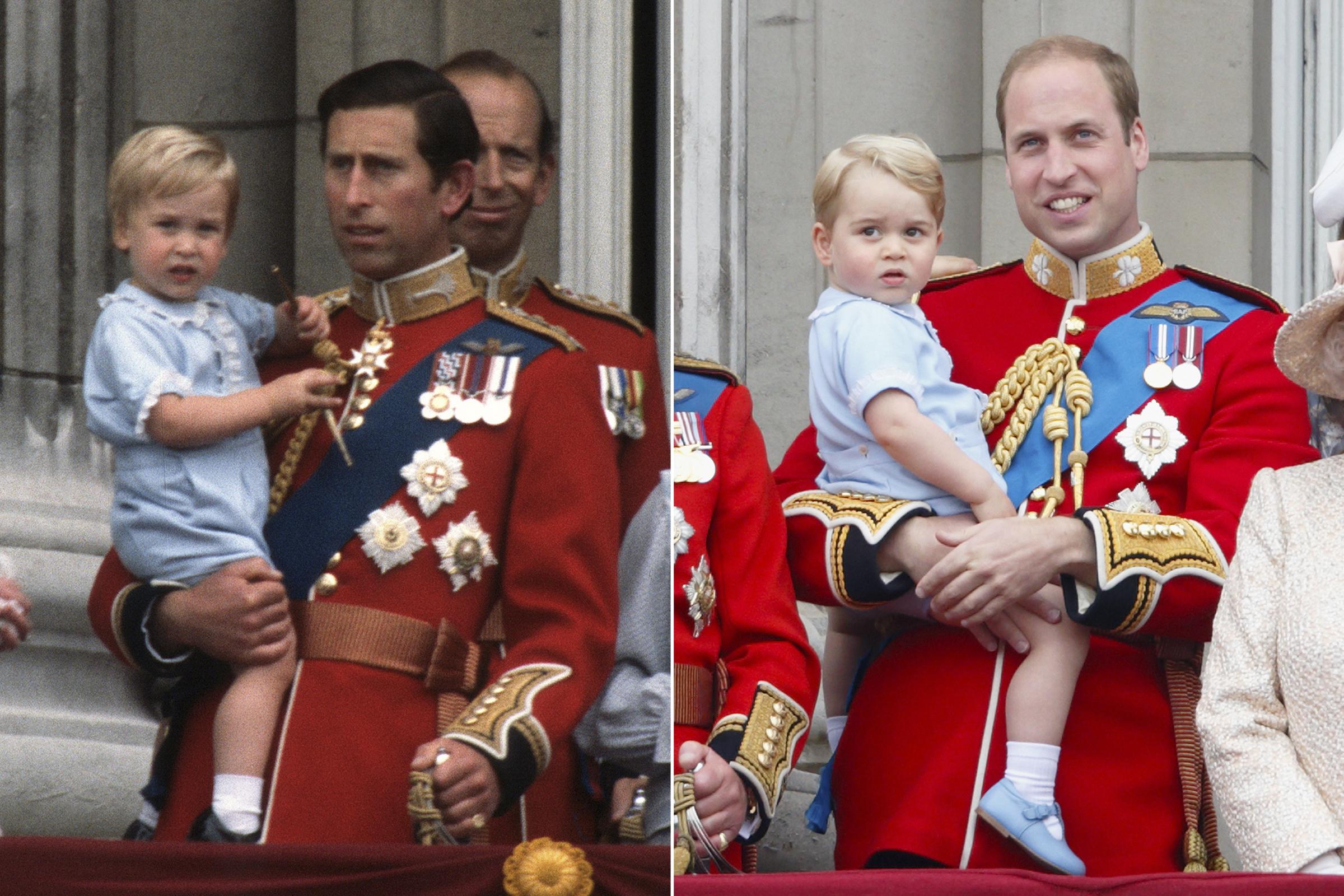Left: Prince Charles holds Prince William on the balcony of Buckingham Palace following the Trooping the Colour ceremony in London, June 16, 1984. Right: Prince William holds Prince George on the balcony of Buckingham Palace following the Trooping the Colour ceremony in London, June 13, 2015.
