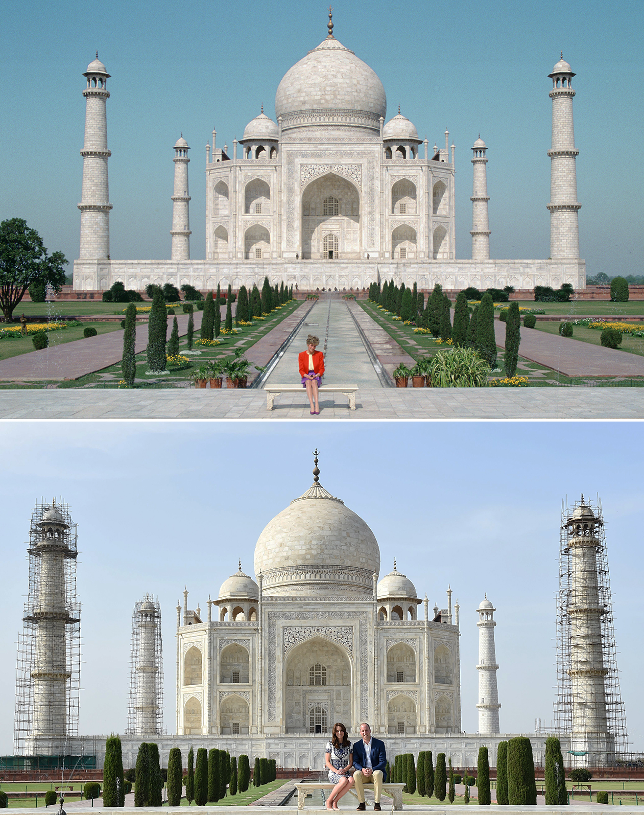 Top: Princess Diana sits in front of the Taj Mahal in Agra, India, Feb. 11, 1992. Bottom: Prince William, Duke of Cambridge, and Catherine, Duchess of Cambridge, pose at the Taj Mahal, April 16, 2016. (Tim Graham—Getty Images/Money Sharma—Pool/AFP/Getty Images)
