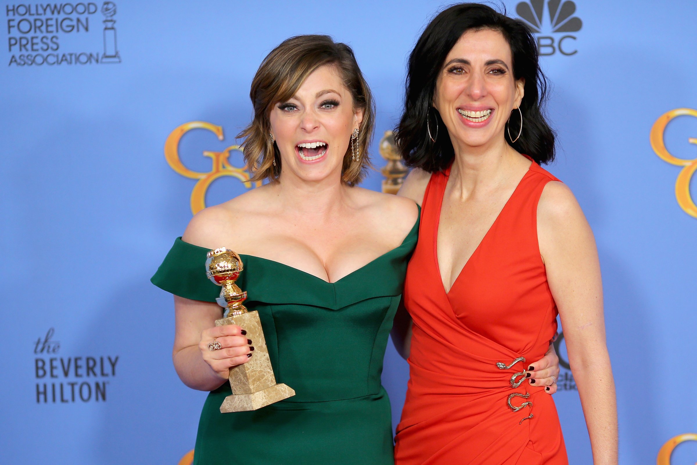 Actress Rachel Bloom, winner of Best Performance by an Actress in a Television Series - Musical or Comedy (L) and screenwriter Aline Brosh McKenna, pose in the press room during the 73rd Annual Golden Globe Awards held at the Beverly Hilton Hotel on January 10, 2016 in Beverly Hills, California.