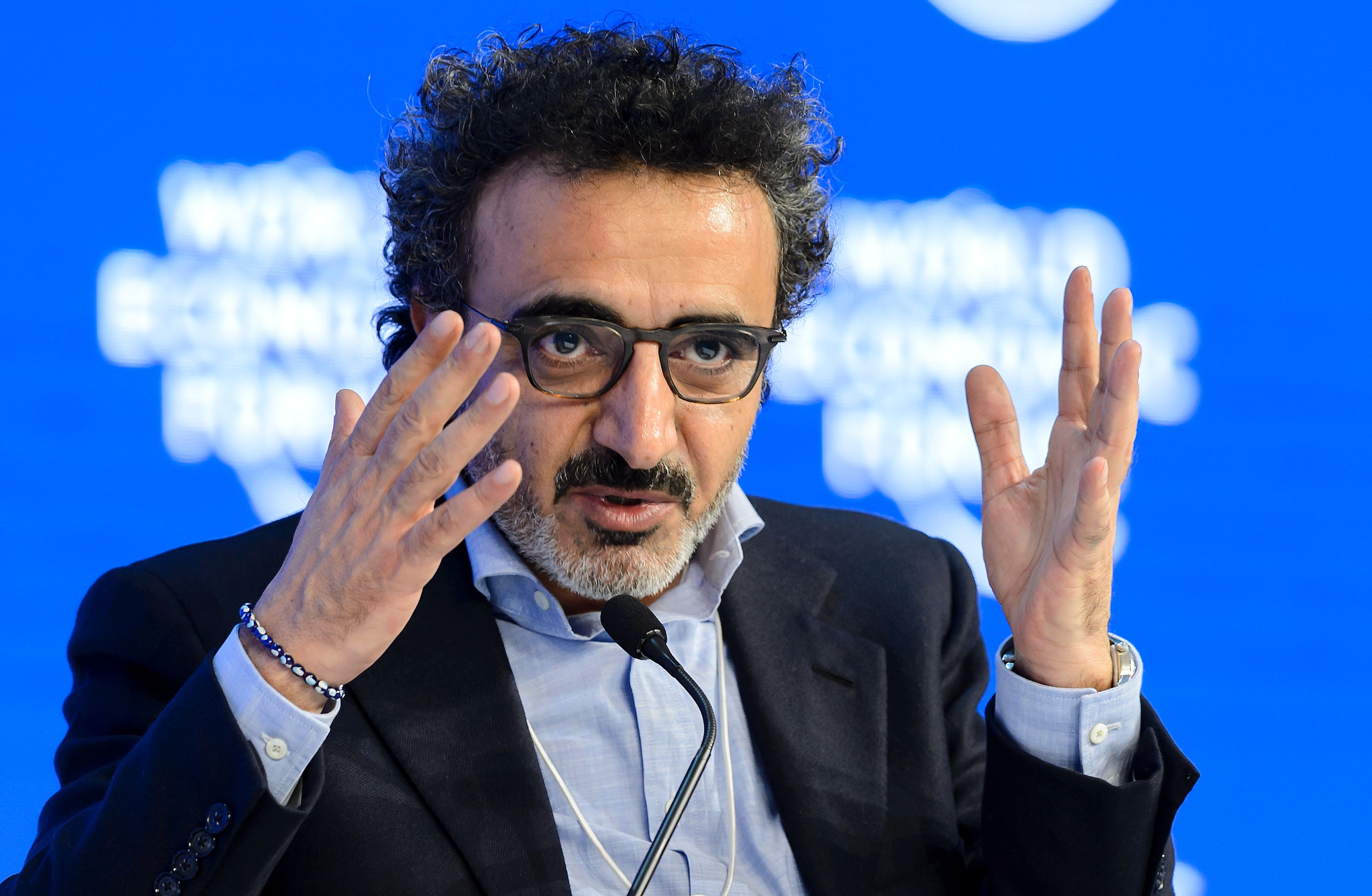 President and CEO of yogurt company Chobani Hamdi Ulukaya gestures during a session at the World Economic Forum (WEF) annual meeting in Davos, on January 20. (Fabrice Coffrini—AFP/Getty Images)