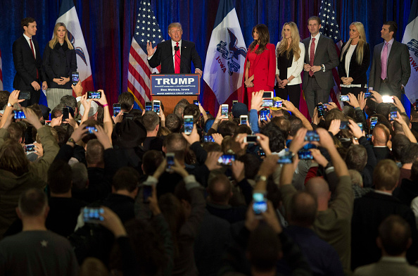 Republican Presidential candidate Donald Trump addresses his supporters after finishing second in the Iowa Caucus, in West Des Moines, Iowa, February 1, 2016.