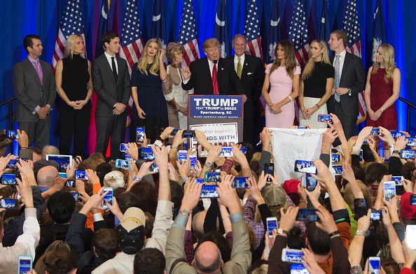 Republican presidential candidate Donald Trump celebrates victory in the South Carolina primary on February 20, 2016 in Spartanburg, South Carolina.