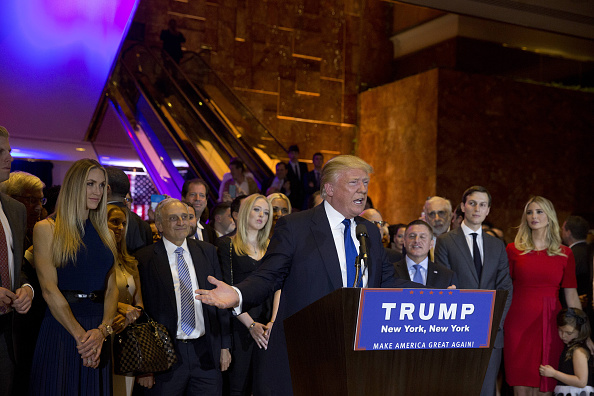 Donald Trump, president and chief executive of Trump Organization Inc. and 2016 Republican presidential candidate, speaks during an election night event in New York, U.S., on Tuesday, April 19, 2016.