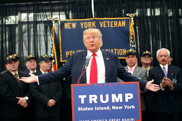 Donald Trump speaks at a press conference for the New York Veterans Police Association  at the Hilton Garden Inn on April 17, 2016 in  Staten Island. (Steve Sands—WireImage)