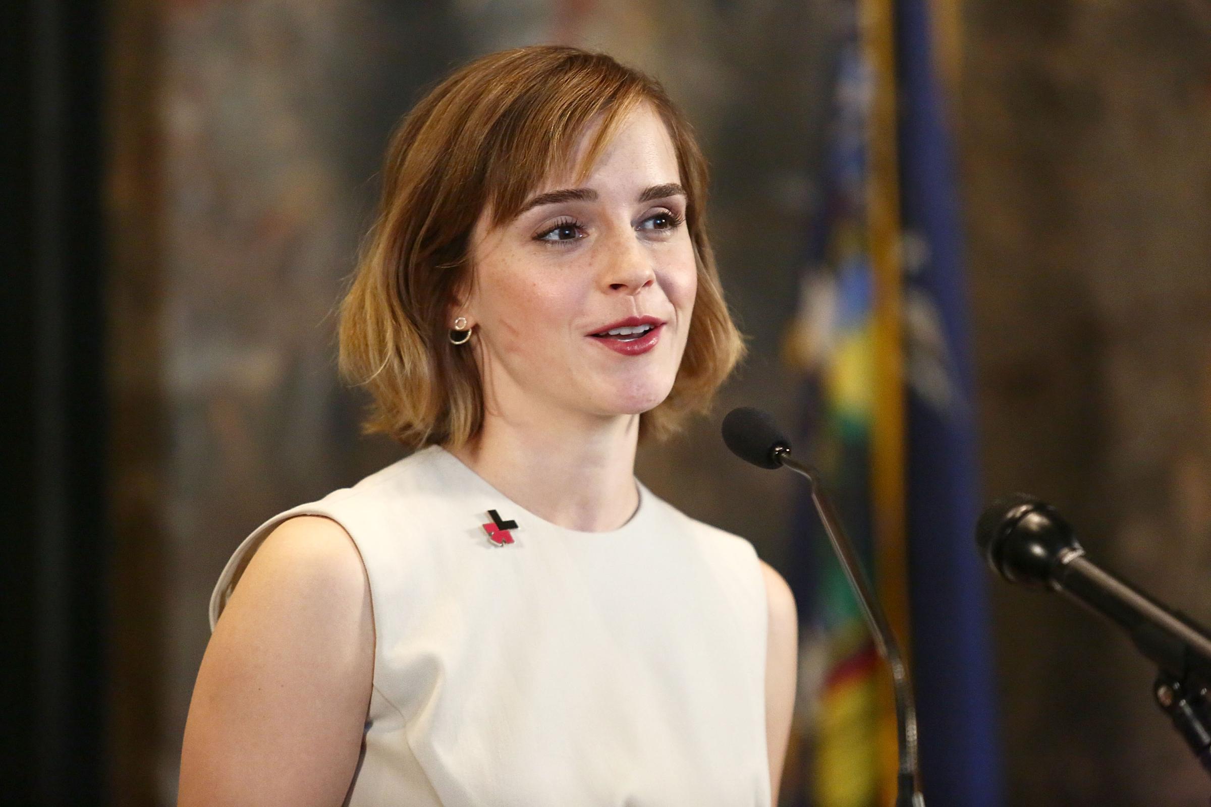Actress Emma Watson speaks during The Empire State Building lighting In HeForShe Magenta For International Women's Day at The Empire State Building on March 8, 2016 in New York City.