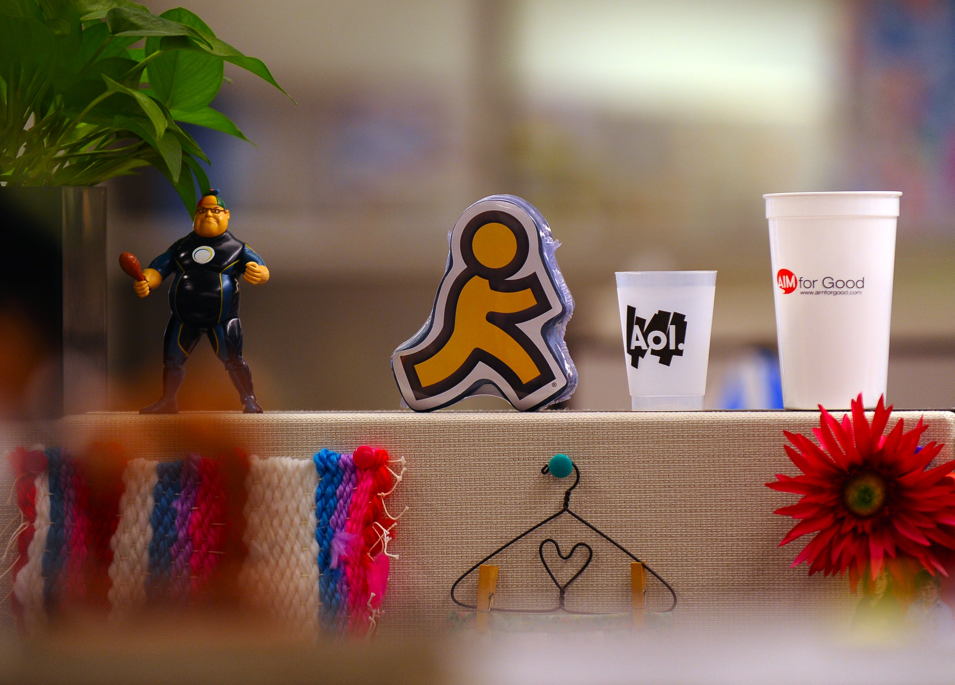 The original AOL logo figurine is displayed at an employee's desk at AOL headquarters on May 19, 2010 in Dulles, VA. (The Washington Post&mdash;Washington Post/Getty Images)