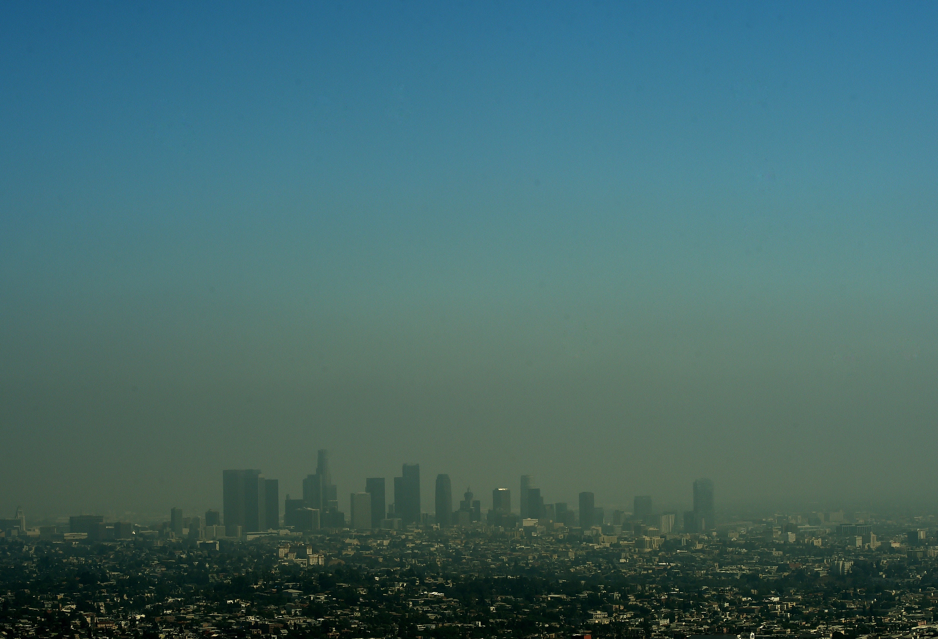 A view of the Los Angeles city skyline as heavy smog shrouds the city in California on May 31, 2015. (MARK RALSTON&mdash;AFP/Getty Images)