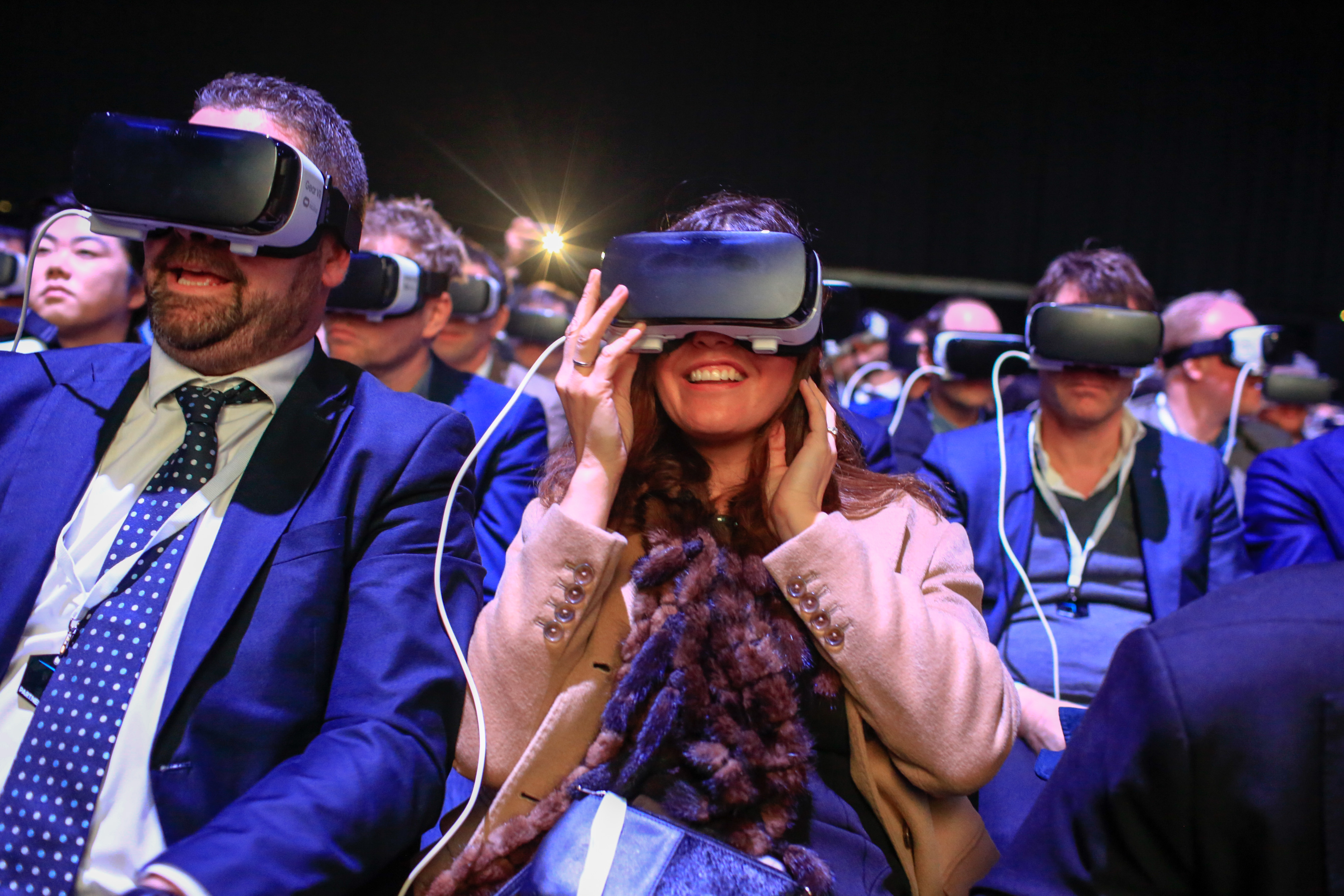 Delegates use the Gear VR (virtual reality) headset, manufactured by Samsung Electronics Co., at the Samsung Unpacked launch event ahead of the Mobile World Congress in Barcelona, Spain, on Sunday, Feb. 21, 2016. (Bloomberg&mdash;Bloomberg via Getty Images)