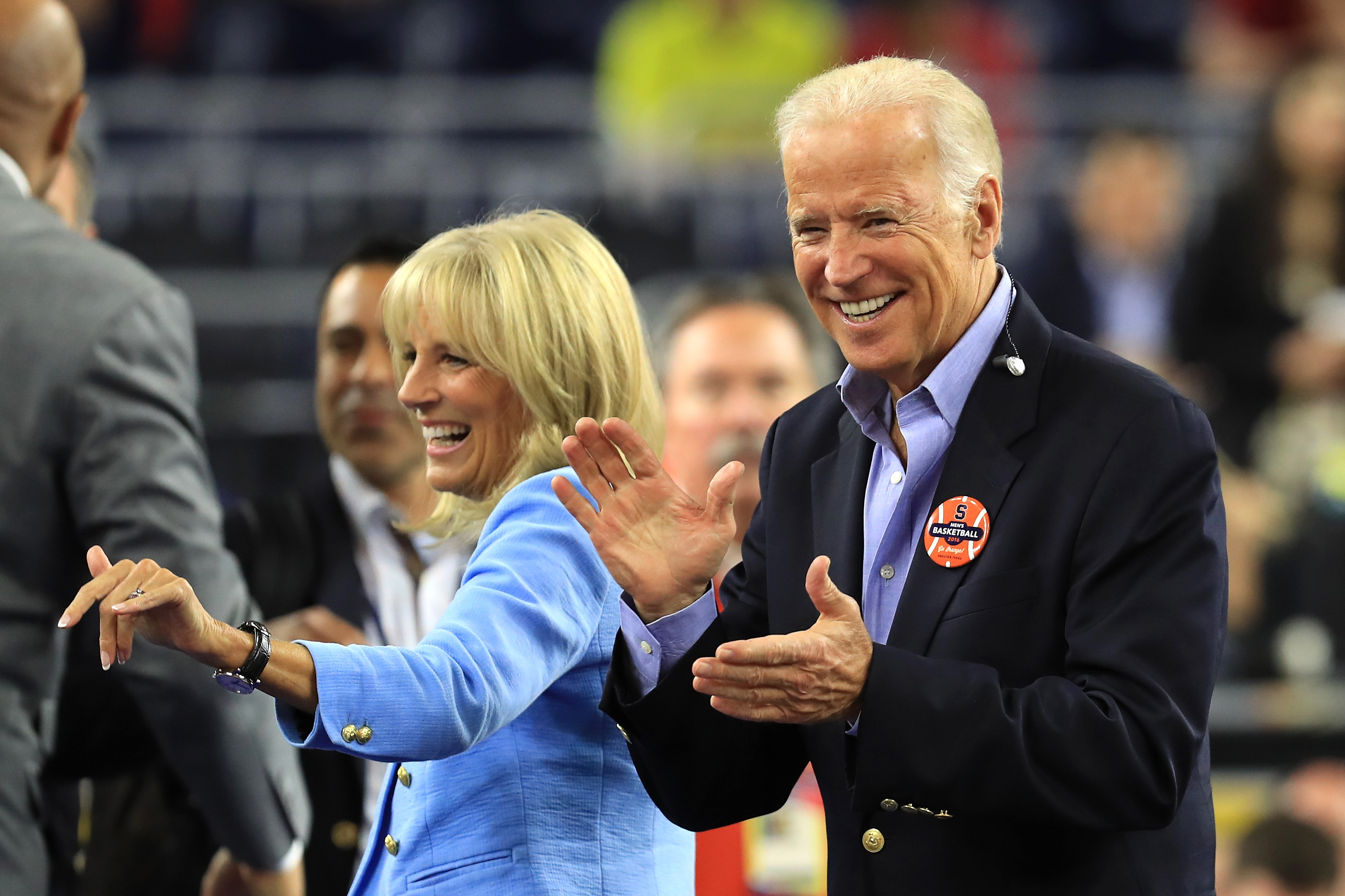 Vice President Joe Biden, right, and wife Jill Biden react prior to the NCAA Men's Final Four Semifinal between the Villanova Wildcats and the Oklahoma Sooners at NRG Stadium on April 2, 2016 in Houston, Texas.  Streeter Lecka&mdash;Getty Images (Streeter Lecka&mdash;Getty Images)