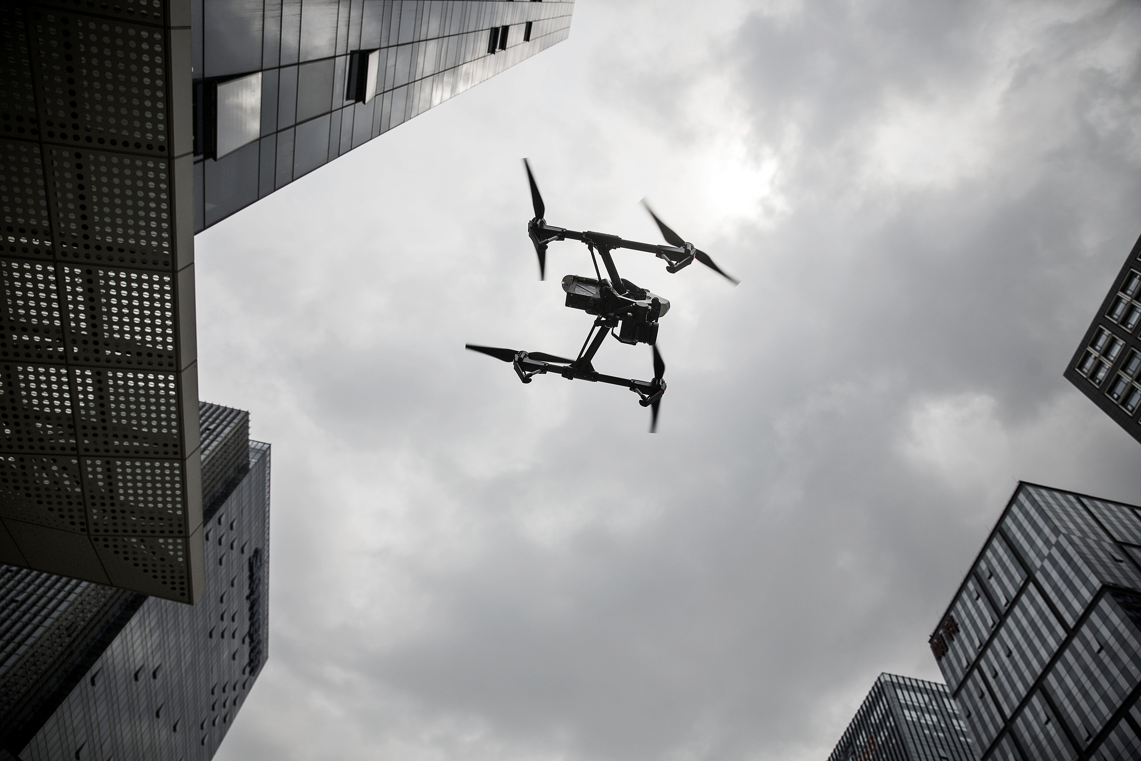 A DJI Inspire 1 Pro drone is flown during a demonstration at the SZ DJI Technology Co. headquarters in Shenzhen, China, April 20, 2016 (Bloomberg/Getty Images)