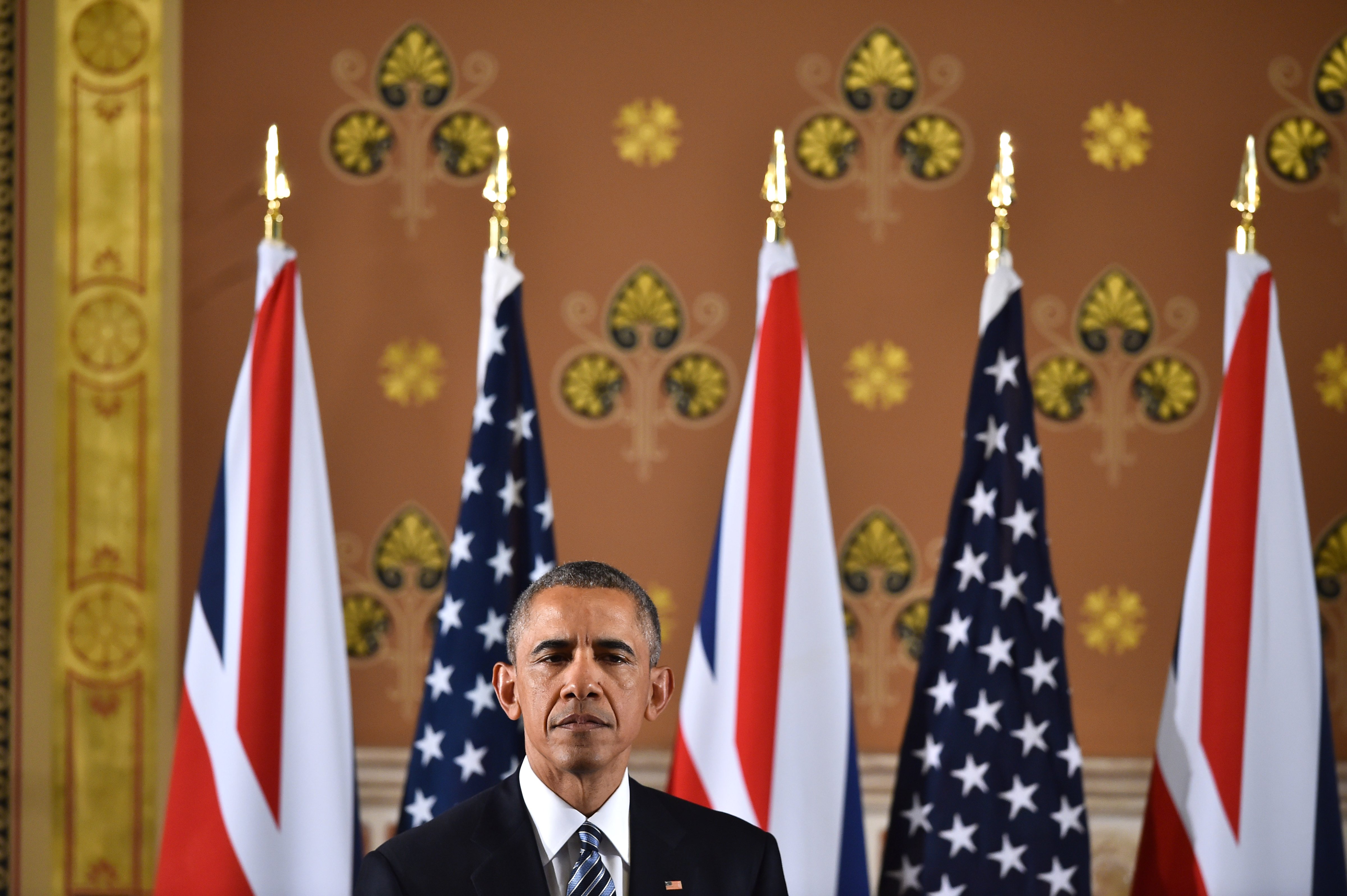 US President Barack Obama speaks during a press conference with British Prime Minister David Cameron at the Foreign and Commonwealth Office on April 22, 2016 in London, England.  WPA Pool&mdash;Getty Images (WPA Pool—Getty Images)