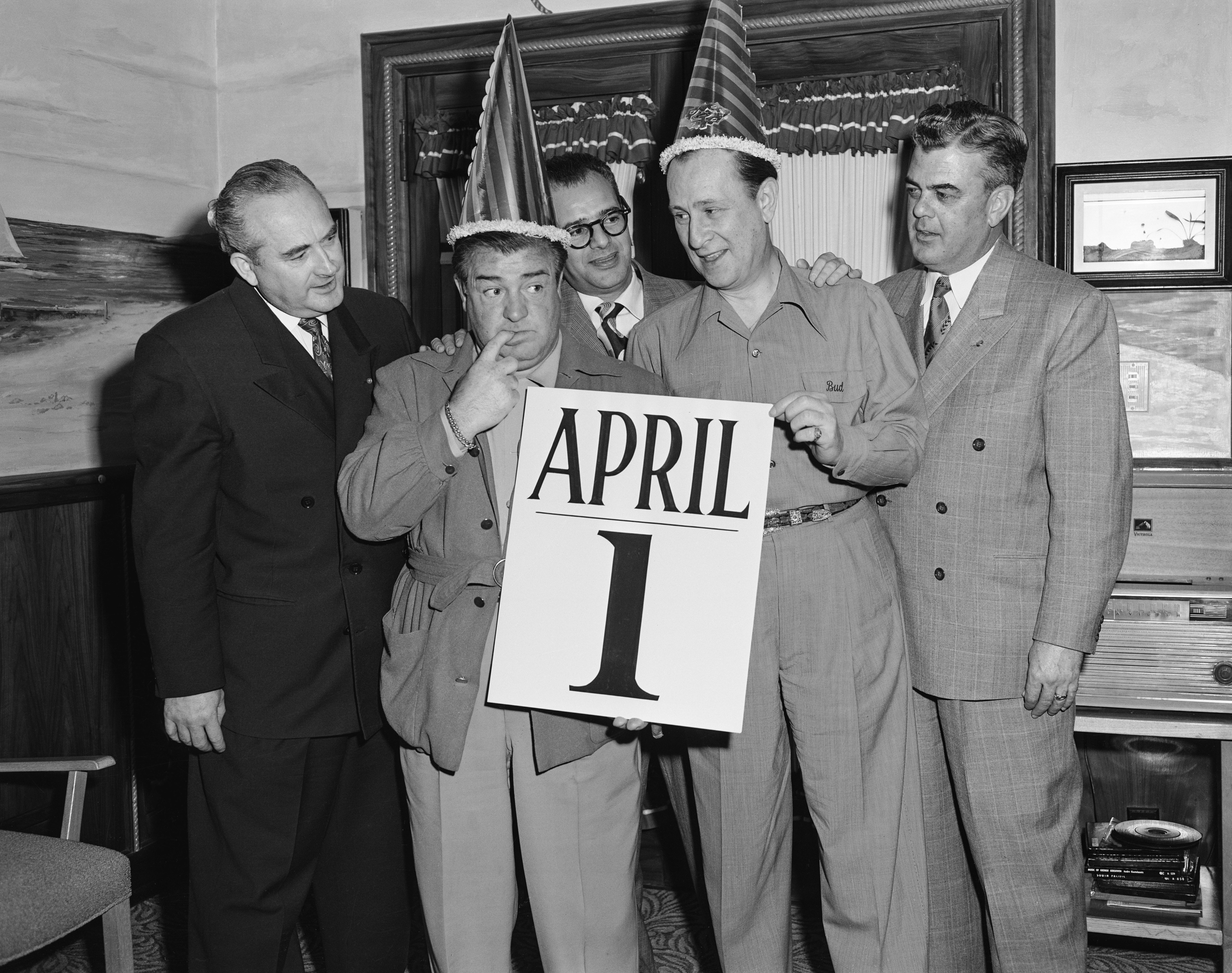American comedians Bud Abbott (1897 - 1974) and Lou Costello (1906 - 1959) on April Fool's Day, early 1950s (Gene Lester&mdash;Getty Images)