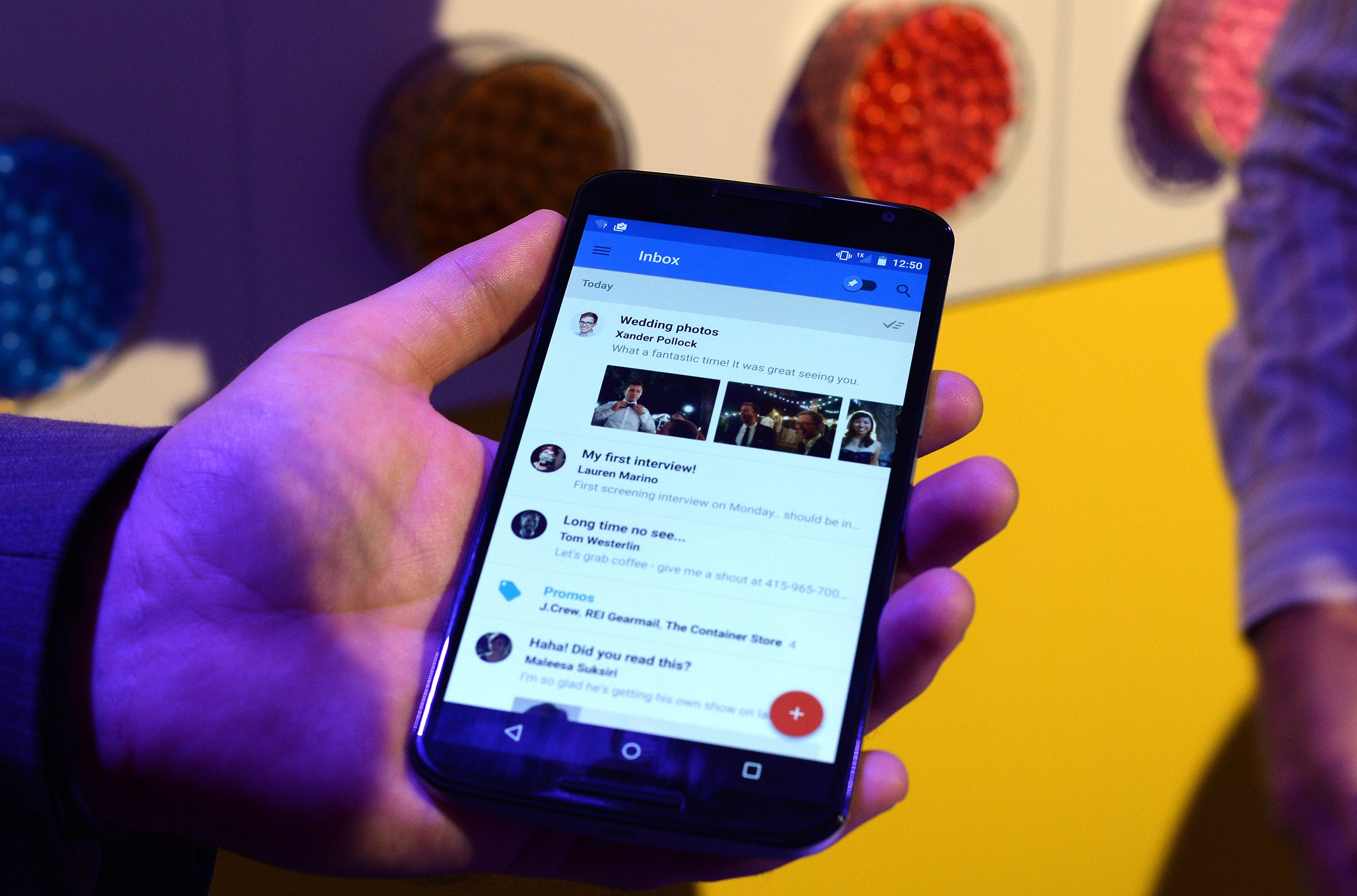 Google's lead designer for "Inbox by Gmail" Jason Cornwell shows the app's functionalities on a nexus 6 android phone during a media preview in New York on October 29, 2014. (Jewel Samad&mdash;AFP/Getty Images)