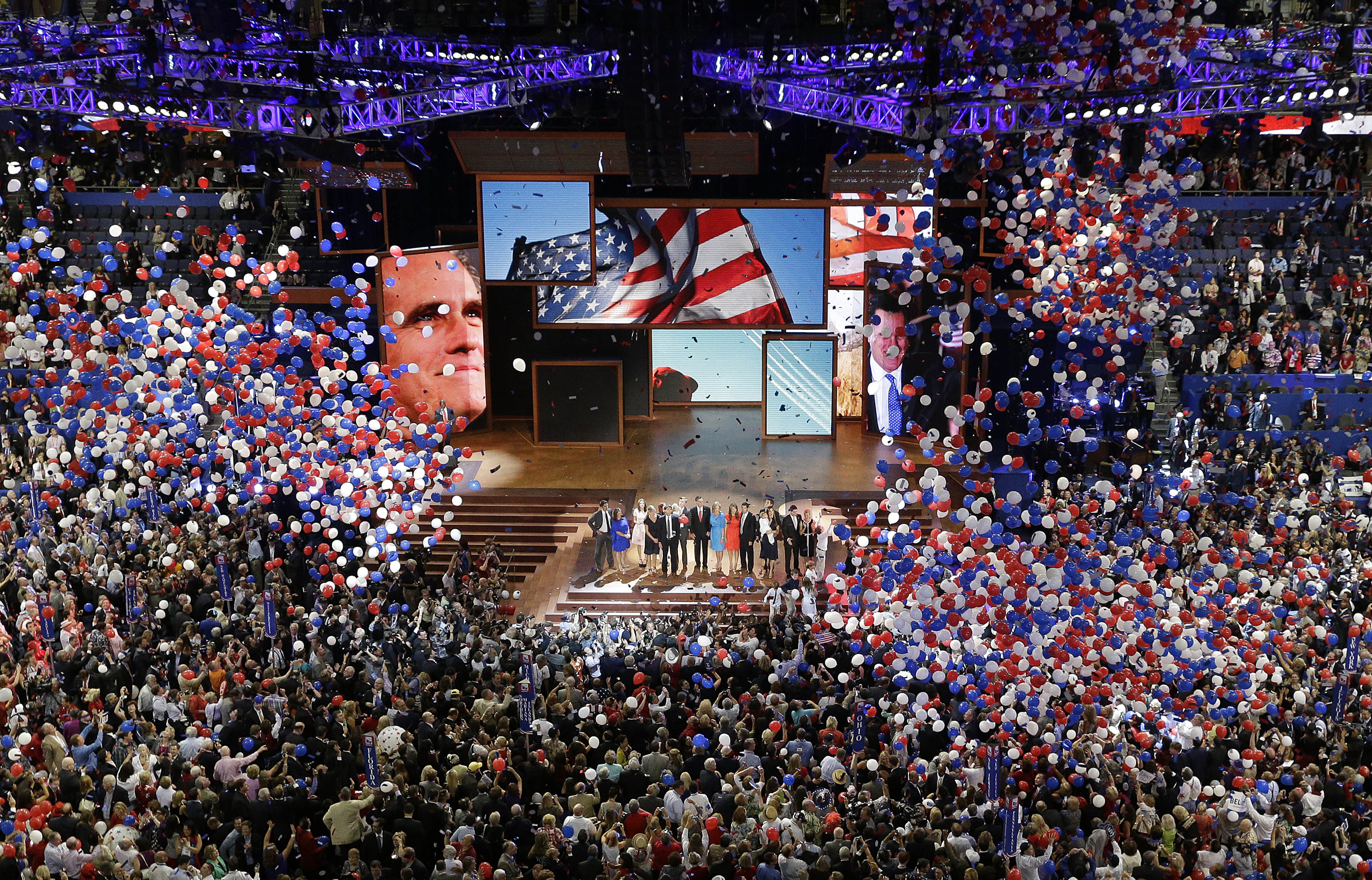 In this Aug. 30, 2012, file photo, Republican presidential nominee Mitt Romney and vice presidential nominee Rep. Paul Ryan are joined on the stage by their families at the end of the Republican National Convention in Tampa, Fla. (Patrick Semansky—AP)