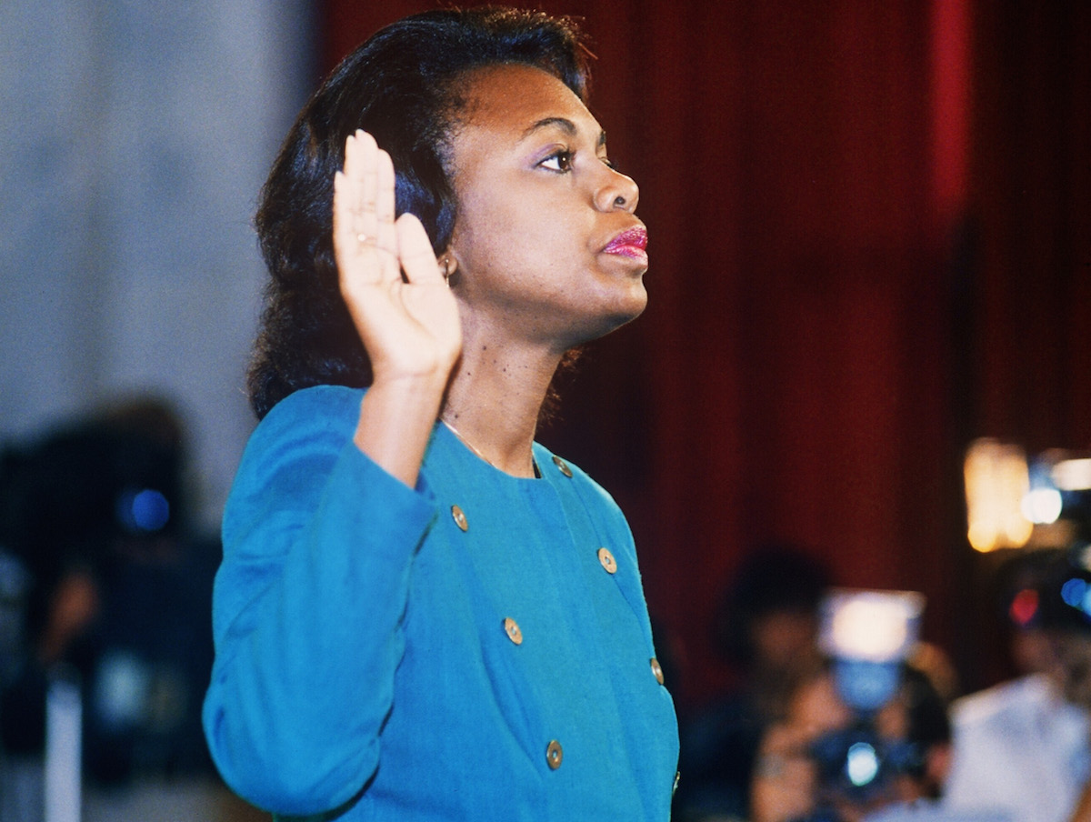Anita Hill takes oath, Oct. 12, 1991, before the Senate Judiciary Committee in Washington D.C. (Jennifer K. Law—AFP/Getty Images)