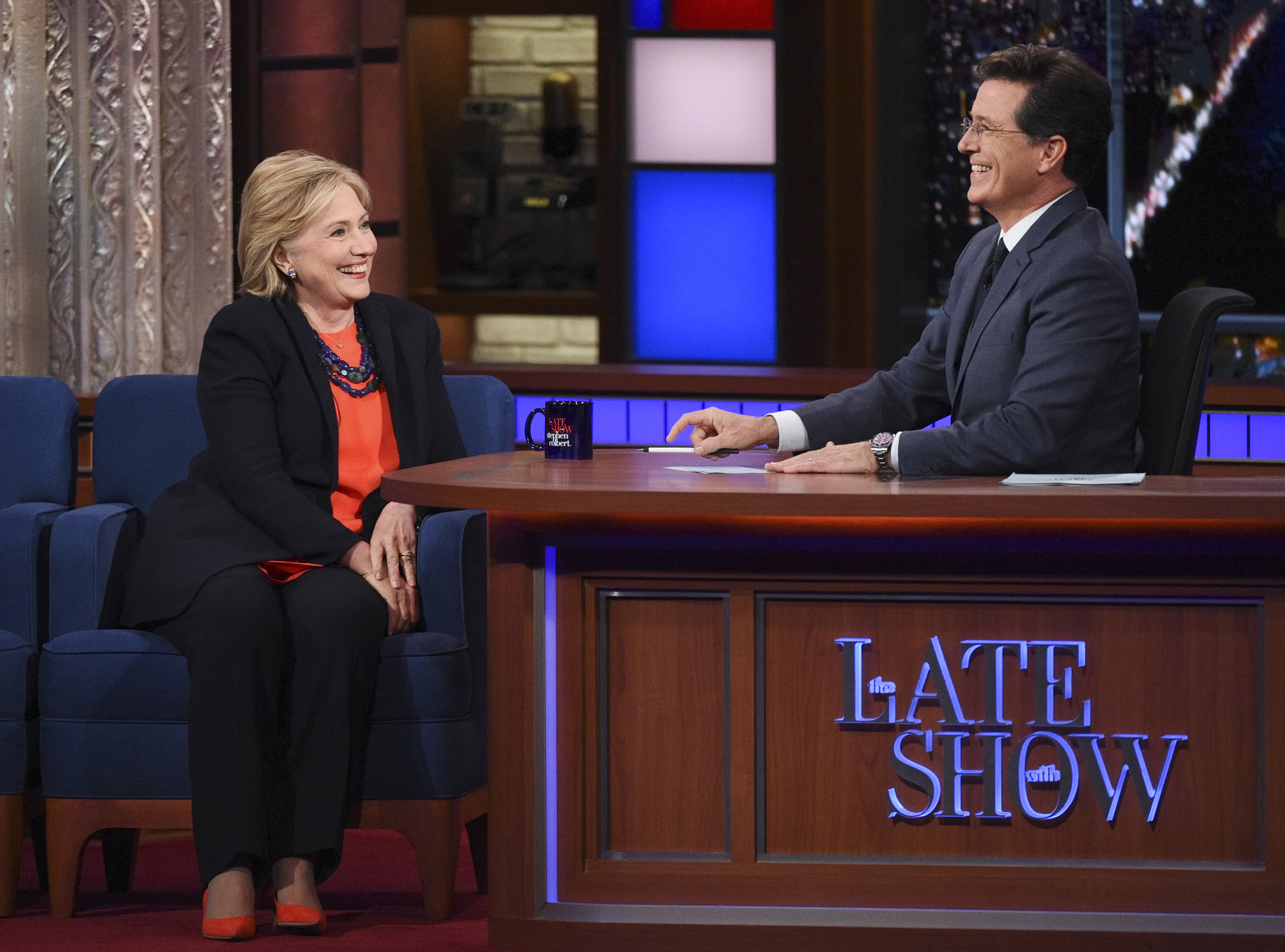 Presidential Candidate Hillary Clinton chats with Stephen on The Late Show with Stephen Colbert on Oct. 27, 2015. (Jeffrey R. Staab—CBS Photo Archive/Getty Images)