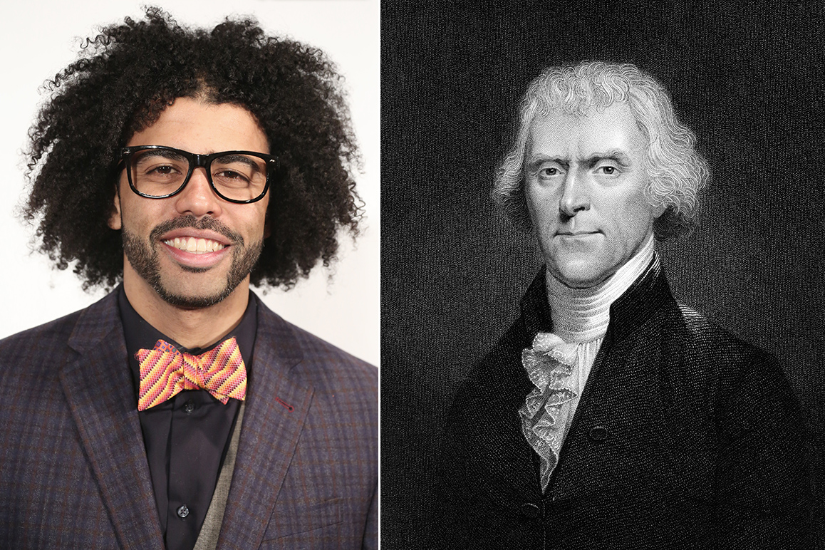 Daveed Diggs, who plays Thomas Jefferson on Broadway (L), and an illustration of Thomas Jefferson (R) (Walter McBride—WireImage / Getty Images (Diggs) and Ann Ronan Pictures/Print Collector/Getty Images (Jefferson))