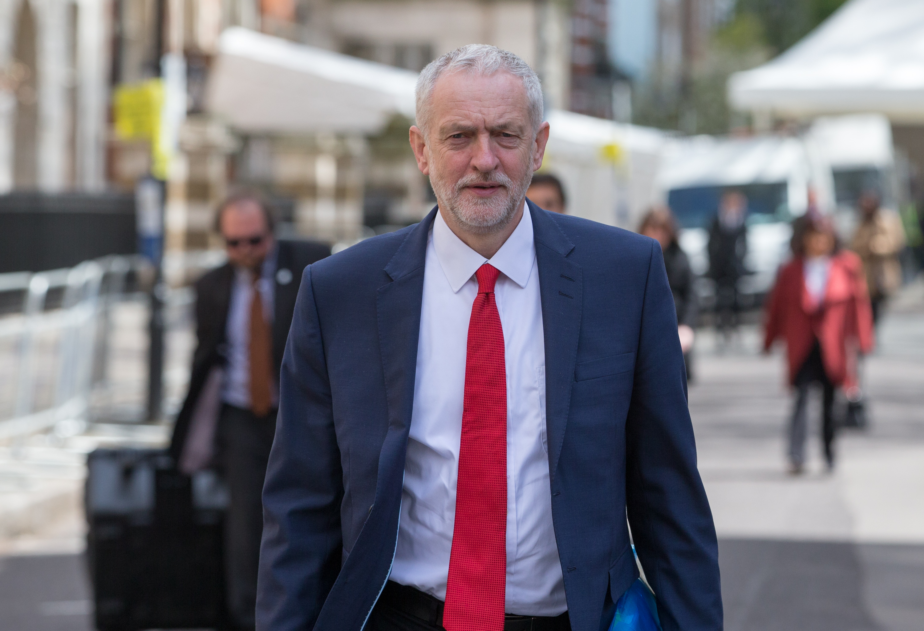Labour Party leader Jeremy Corbyn leaves after meeting with US President Barack Obama after he spoke at the Royal Horticultural Halls in London on April 23, 2016.