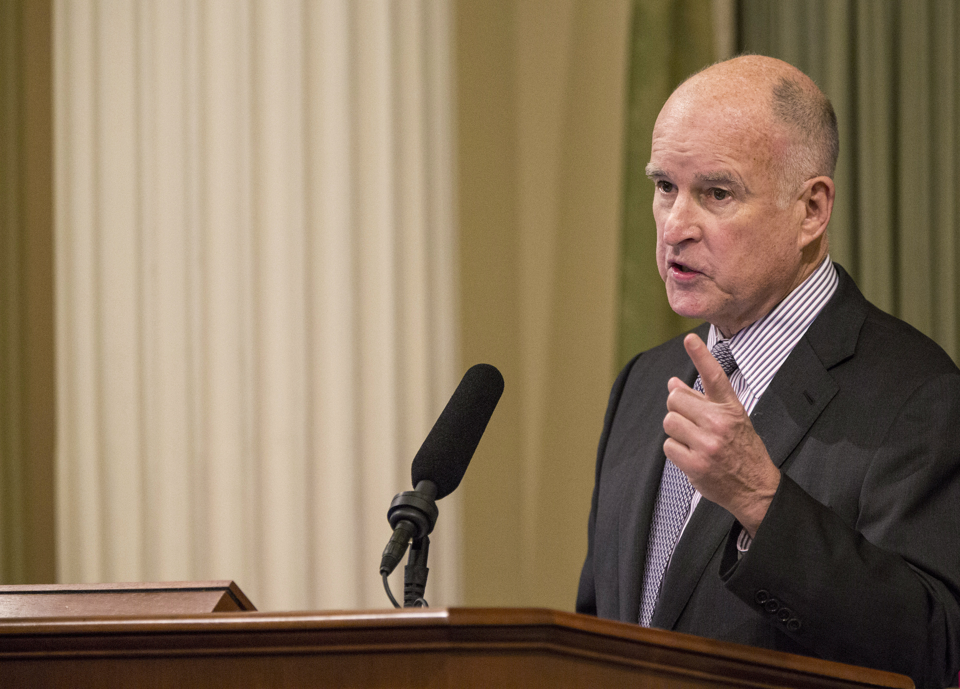 Jerry Brown, governor of California, delivers the State of the State address before a joint session of the legislature at the State Capitol in Sacramento, California, U.S., on Thursday, Jan. 21, 2016. (Ken James&mdash;Bloomberg/Getty Images)