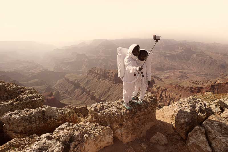 Professional Conceptual First Place. Greetings from Mars. Two astronauts take a selfie in the Wild West. The project was shot in the Grand Canyon, Canyonland and Death Valley, among other places.